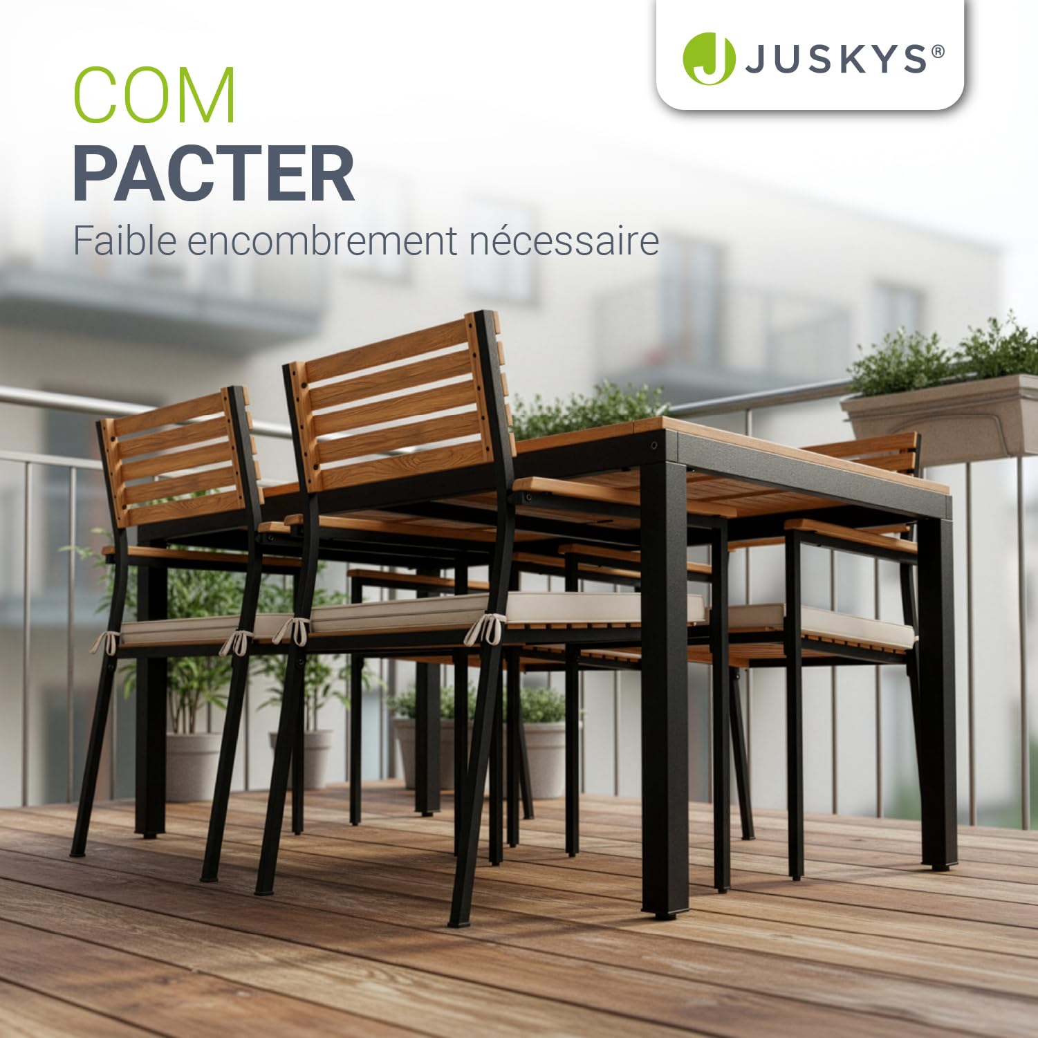 Juskys Salon de Jardin en Bois d'acacia Rhodos - Table, 4 chaises & Coussins - Mobilier de Jardin en Bois, 5 pièces - Meubles de Balcon - Mobilier d'extérieur Bois Naturel & Noir