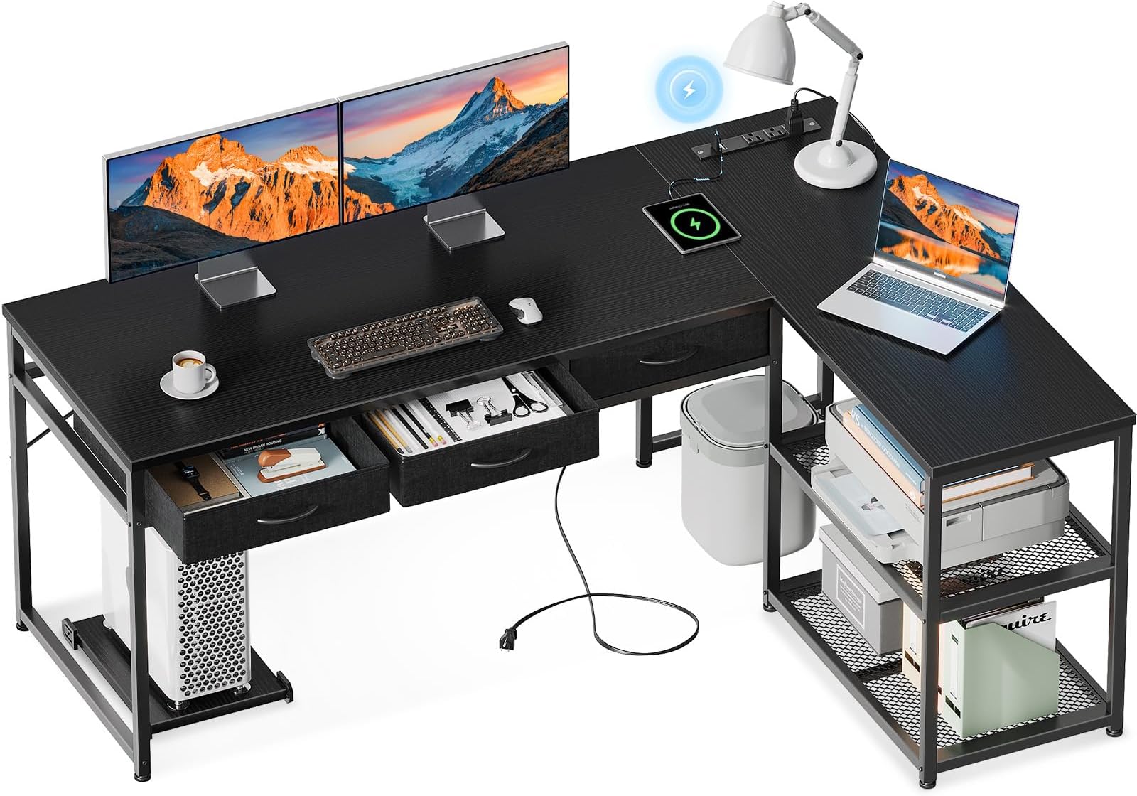 Amazon.com: AODK L Shaped Computer Desk with Fabric Drawers and File ...