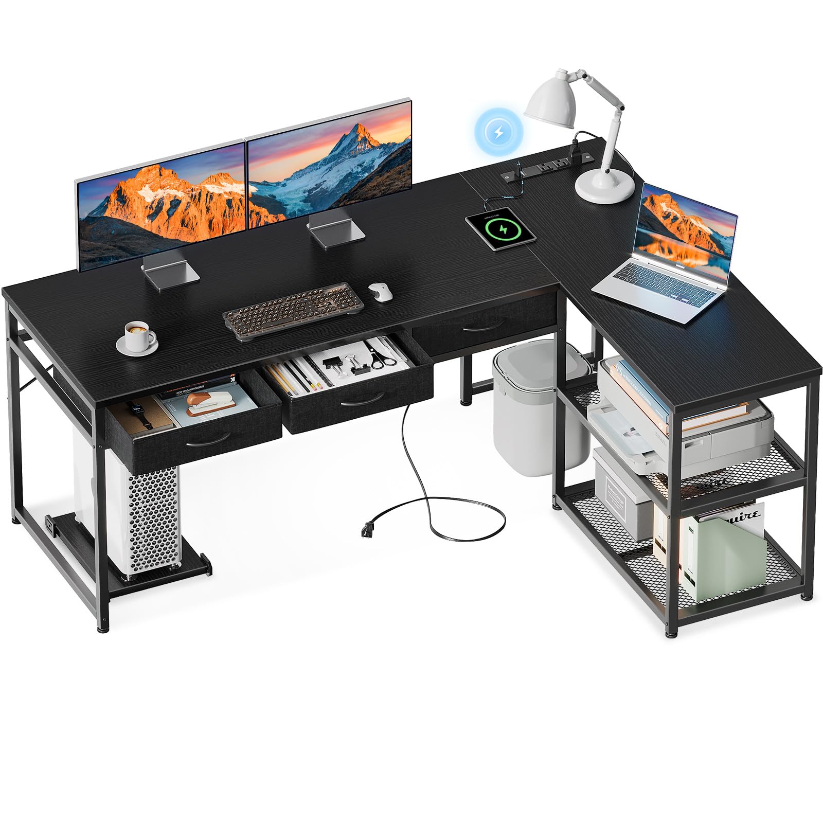 AODK61 Inch L Shaped Computer Desk with Drawers, Corner Desk with Power Outlets & Reversible Storage Shelves, Movable CPU Stand for Home Office Gaming, Black