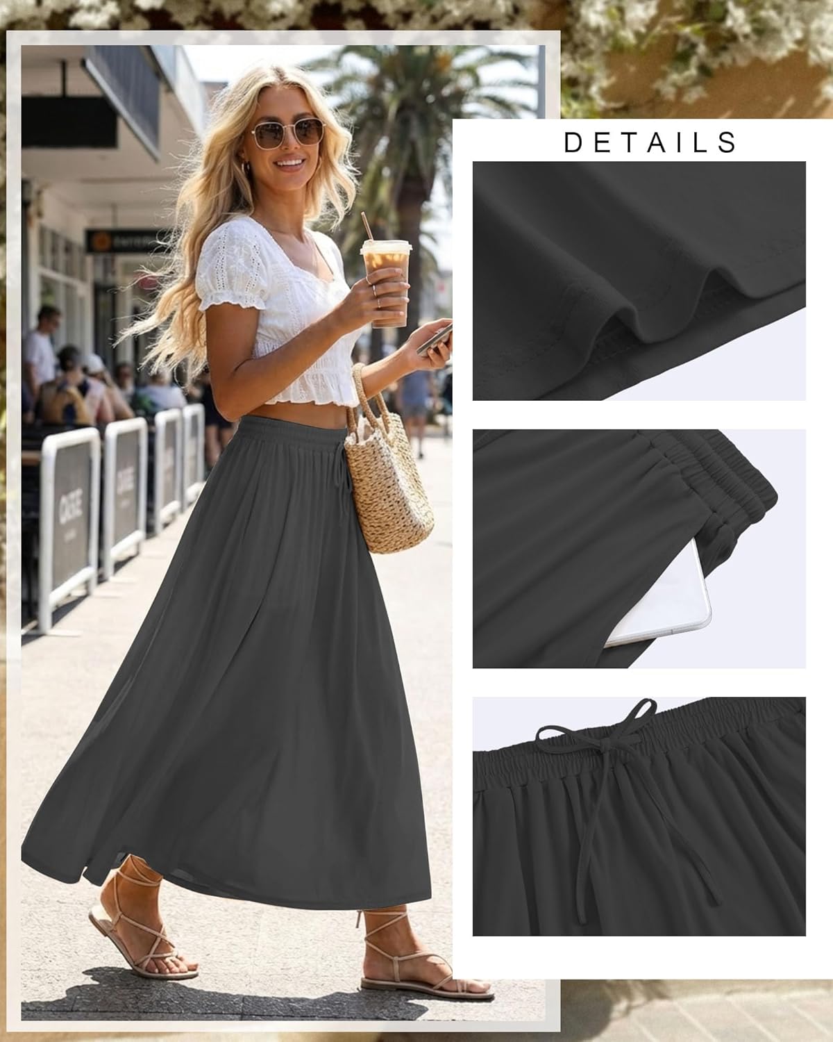 Ficerd 3 Pack Women's Maxi Long Skirts, Ankle Length a Line Elastic High Waist Summer Casual Drawstring Skirts with Pockets - Image 6