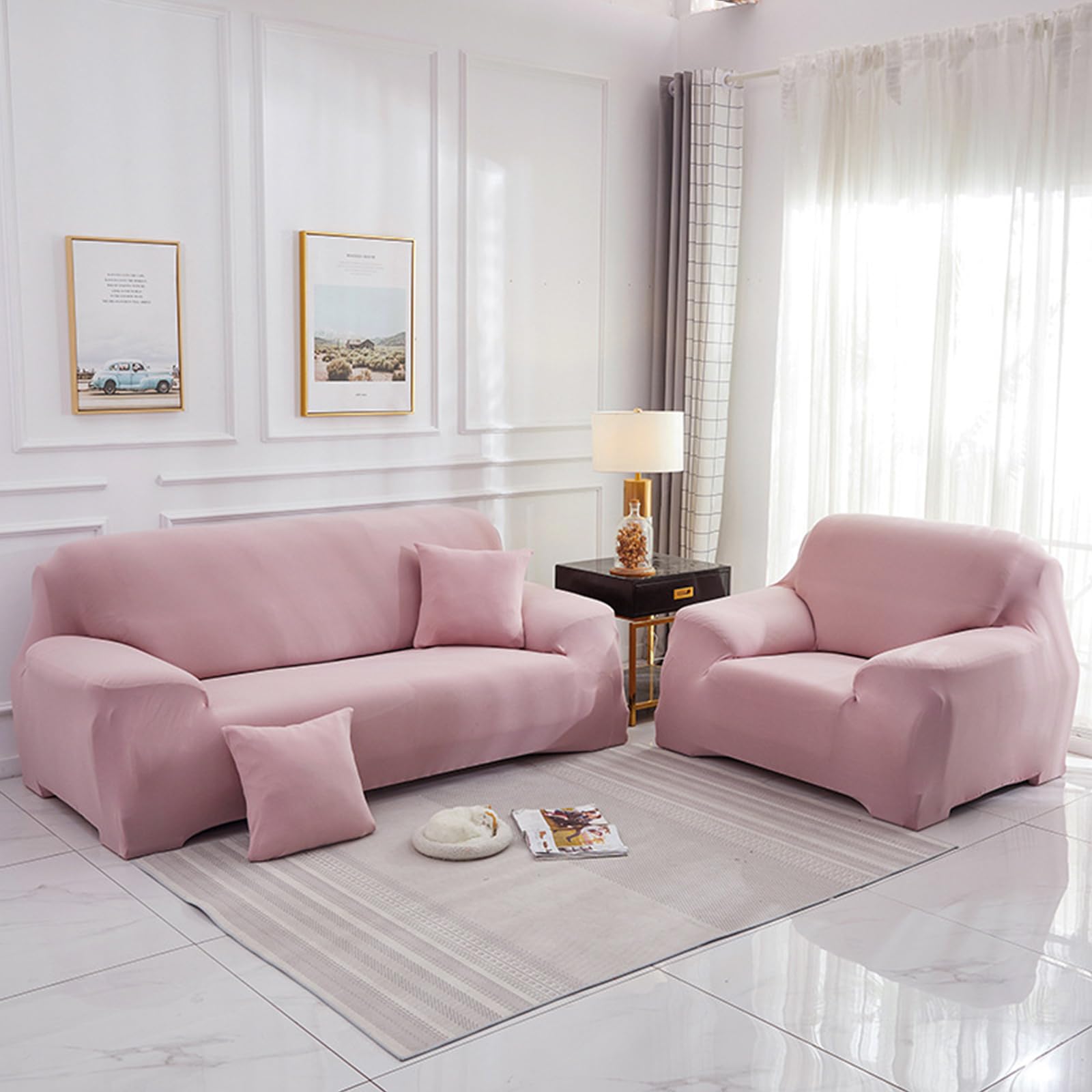 Hearda High Stretch Sofa Covers 1/2/3/4 Seater, Monochrome Soft Elastic Non Slip Sofa Slipcover Washable Universal Couch Sofa Cover for Kids Pets Living (2-Seater,Pink)