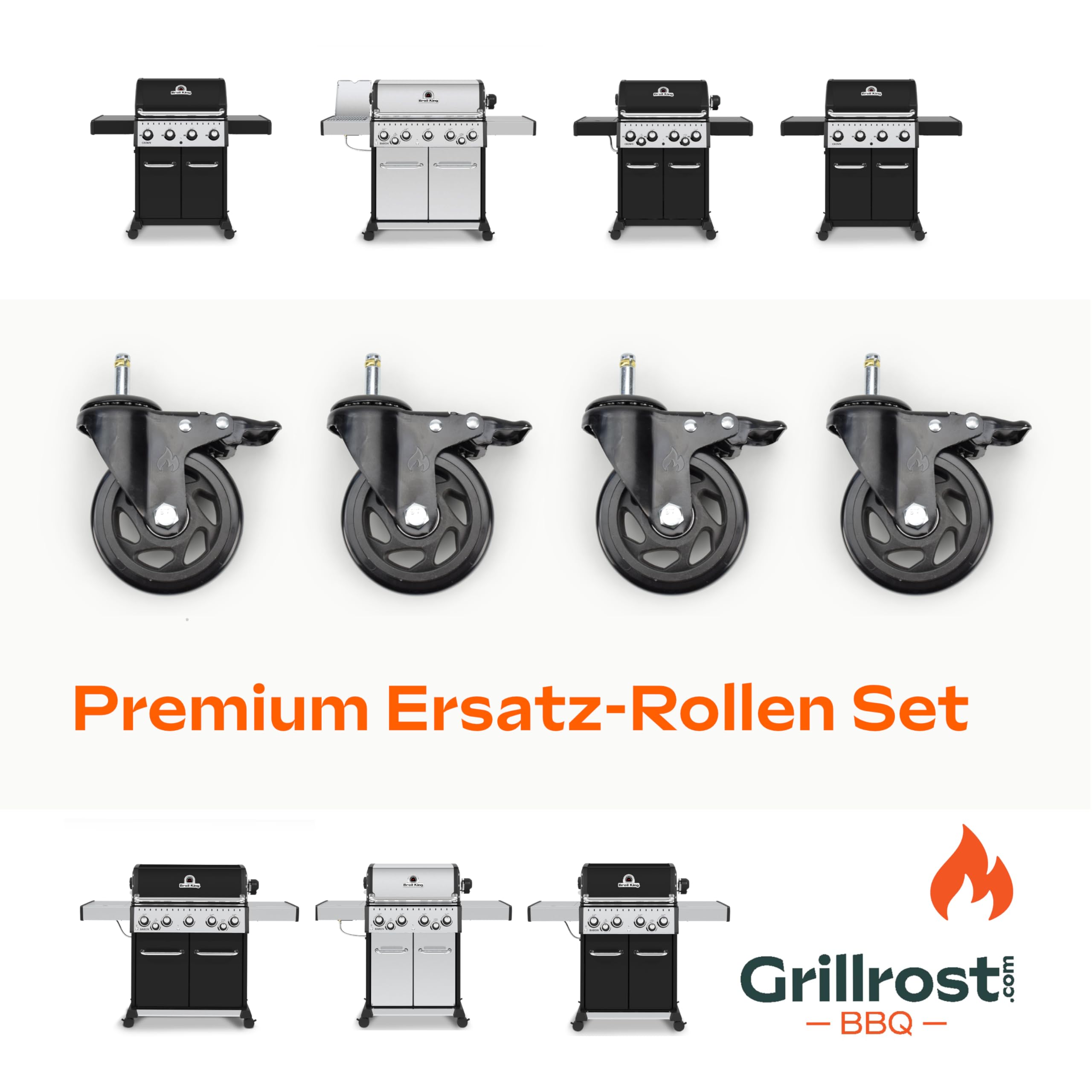 Grillrost.com Das Original Set di rotelle di Ricambio Premium con Diametro di 100 mm - Adatto per Broil King Baron