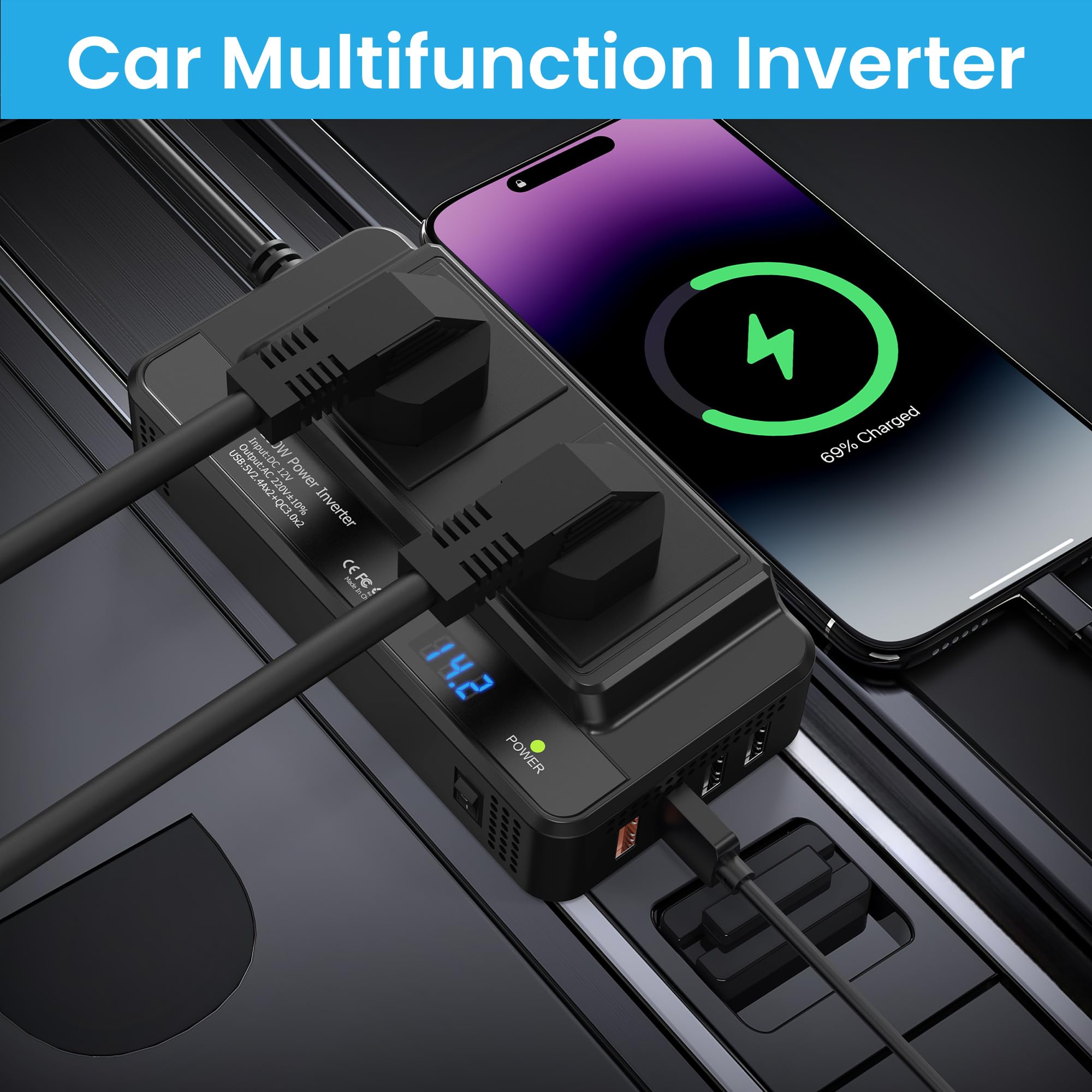 200W Car Voltage Converter Inverter DC 12V to AC 230V with 2 Sockets and 4 USB Ports Fast Charging Car Charger with Cigarette Lighter Plug for Business Trips and Vacation — view 7