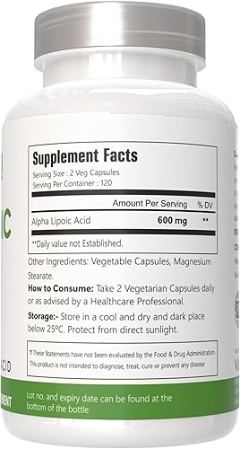 Miniatura 4 de Suplemento de ácido alfa lipoico, 600 mg por porción, 240 cápsulas vegetarianas 100% vegetarianas, sin OMG y sin gluten