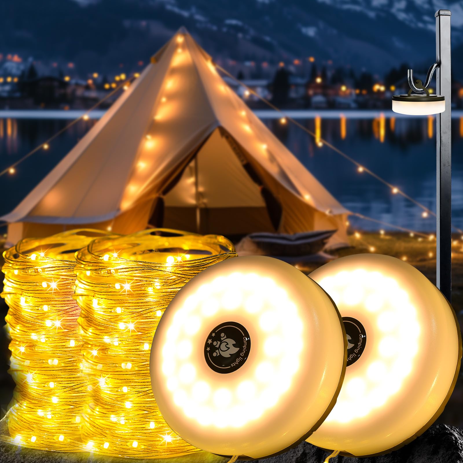 Camping String Lights 10M 2PCS, 3 in 1Waterproof Portable Outdoor Camping Fairy Lights 8 Lighting Modes, USB Rechargeable Retractable Camp Light for Tent RV Hiking Yard Patio Garden Party Decor, Warm
