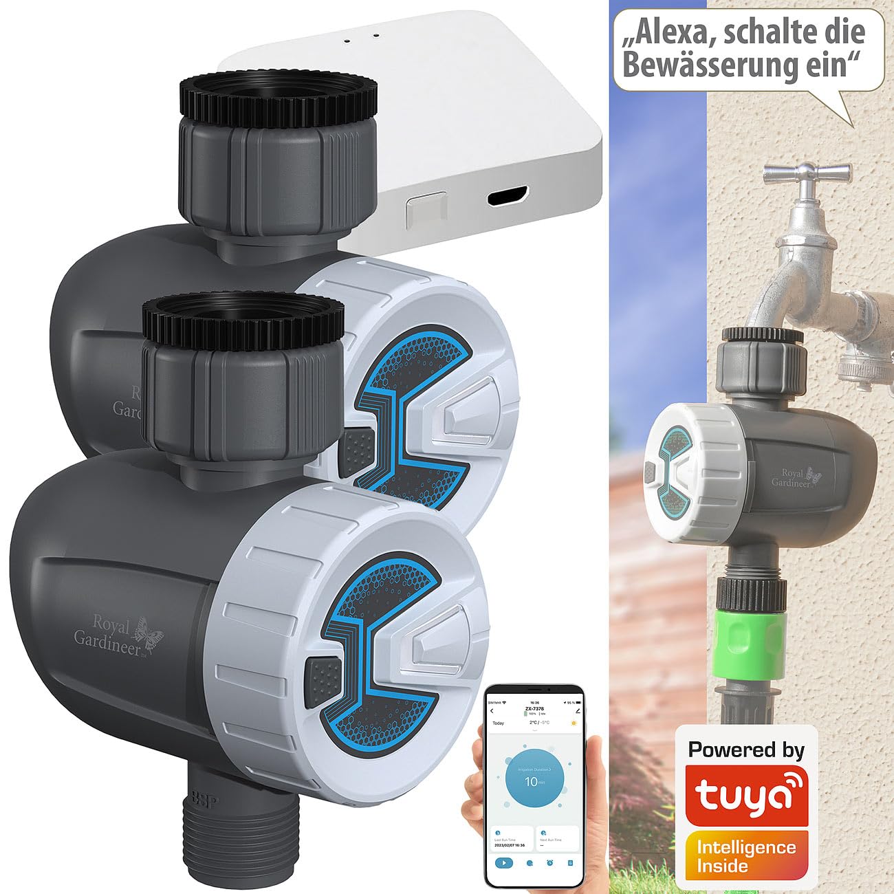 Royal Gardineer Gateway, Bluetooth: 2 smarte programmierbare Bewässerungscomputer mit WLAN-Gateway & App (WLAN mit Bluetooth, Smarthome-Zentralen, Home)