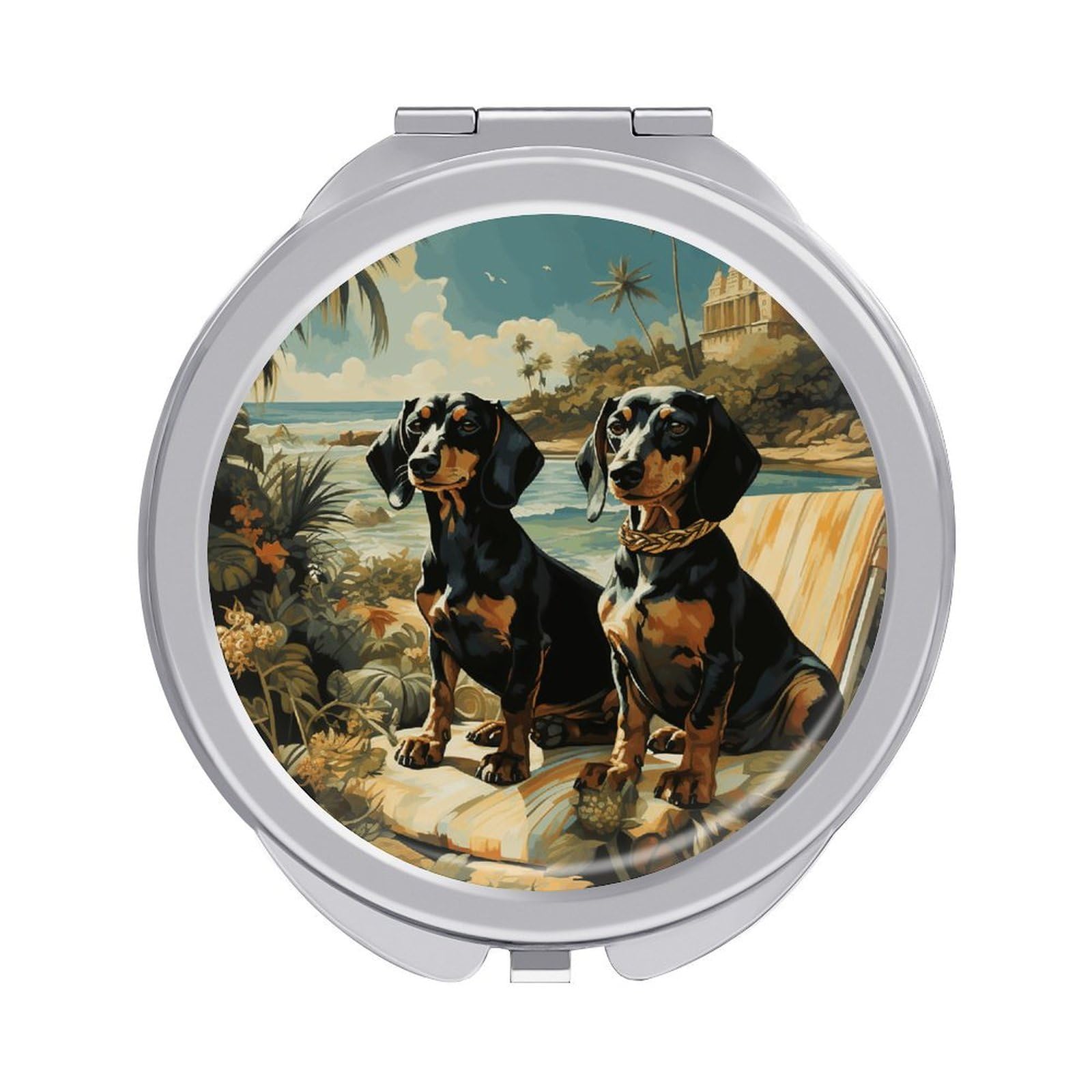 VstaDank Dachshund Dog Bento Travel Makeup Mirror Cute Compact Mirror for Women 1X/2X Magnifying Metal Pocket Makeup Mirrors Folding Round Makeup Mirrors for Handbag Wallet & Gift