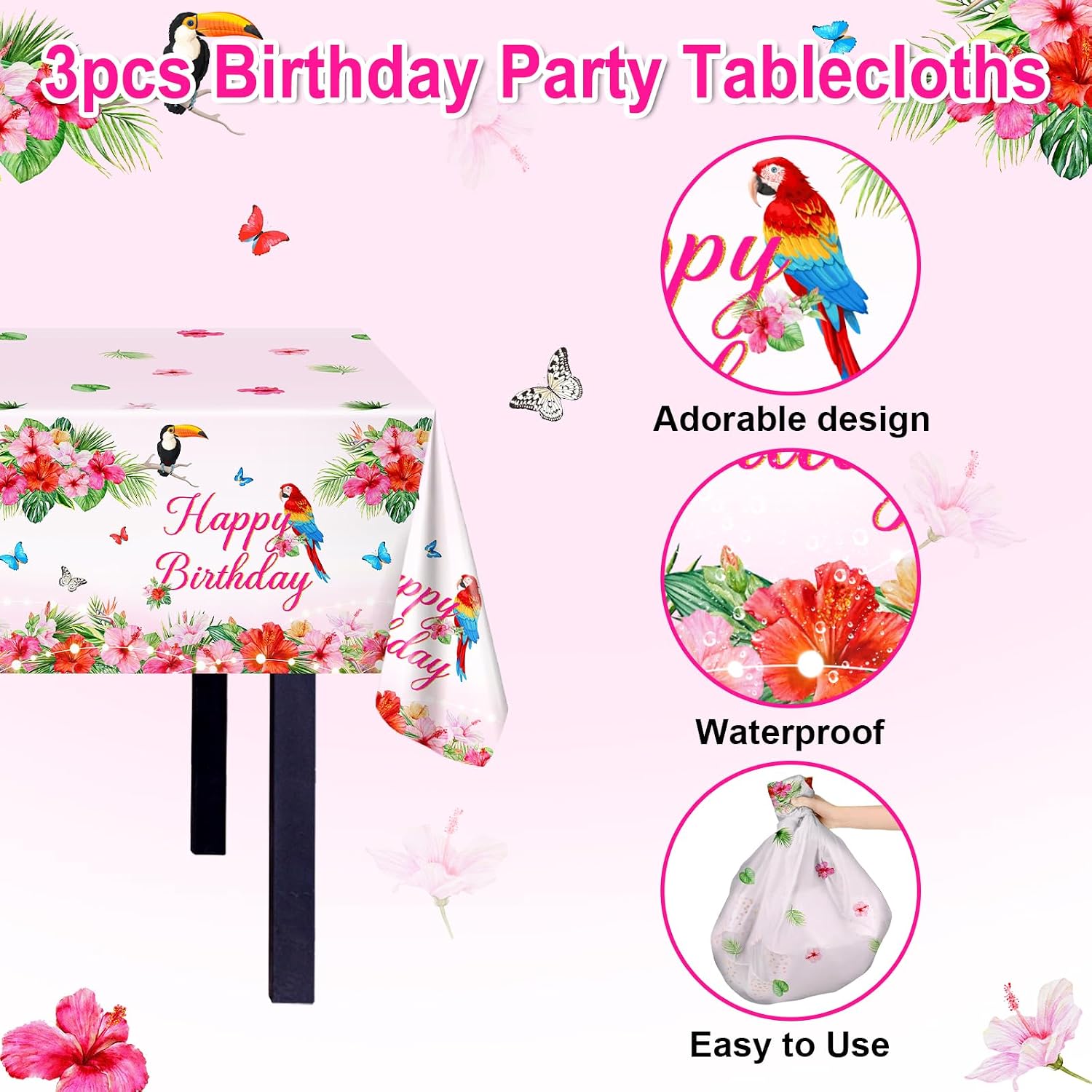 Avezano 3 pcs Summer Birthday Decorations Hawaiian Table Cloths 108 x 54 inch Tropical Summer Beach Birthday Party Tablecloth Disposable Plastic