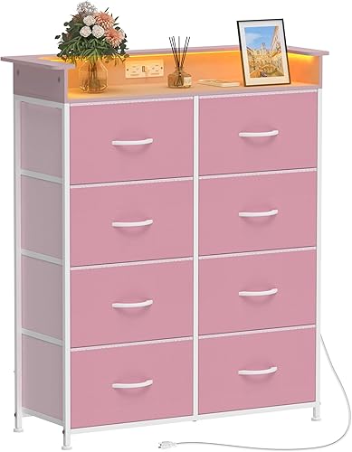 Miniatura 8 de Cómoda rosa para dormitorio con estación de carga, cómodas con luces LED, cómoda alta con 8 cajones, torre de almacenamiento para armario, sala de
