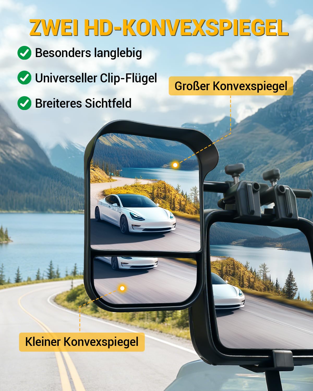 Wohnwagen Spiegel Auto Caravanspiegel Spiegelverbreiterung Wohnwagen Universal Doppelter Konvexer Spiegel mit Klemmen und Integriertem Regenabweiser für PKW (2 Stück)