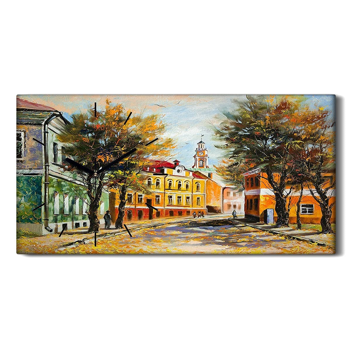 Horloge sur toile art moderne paysage de ville automne 60x30cm
