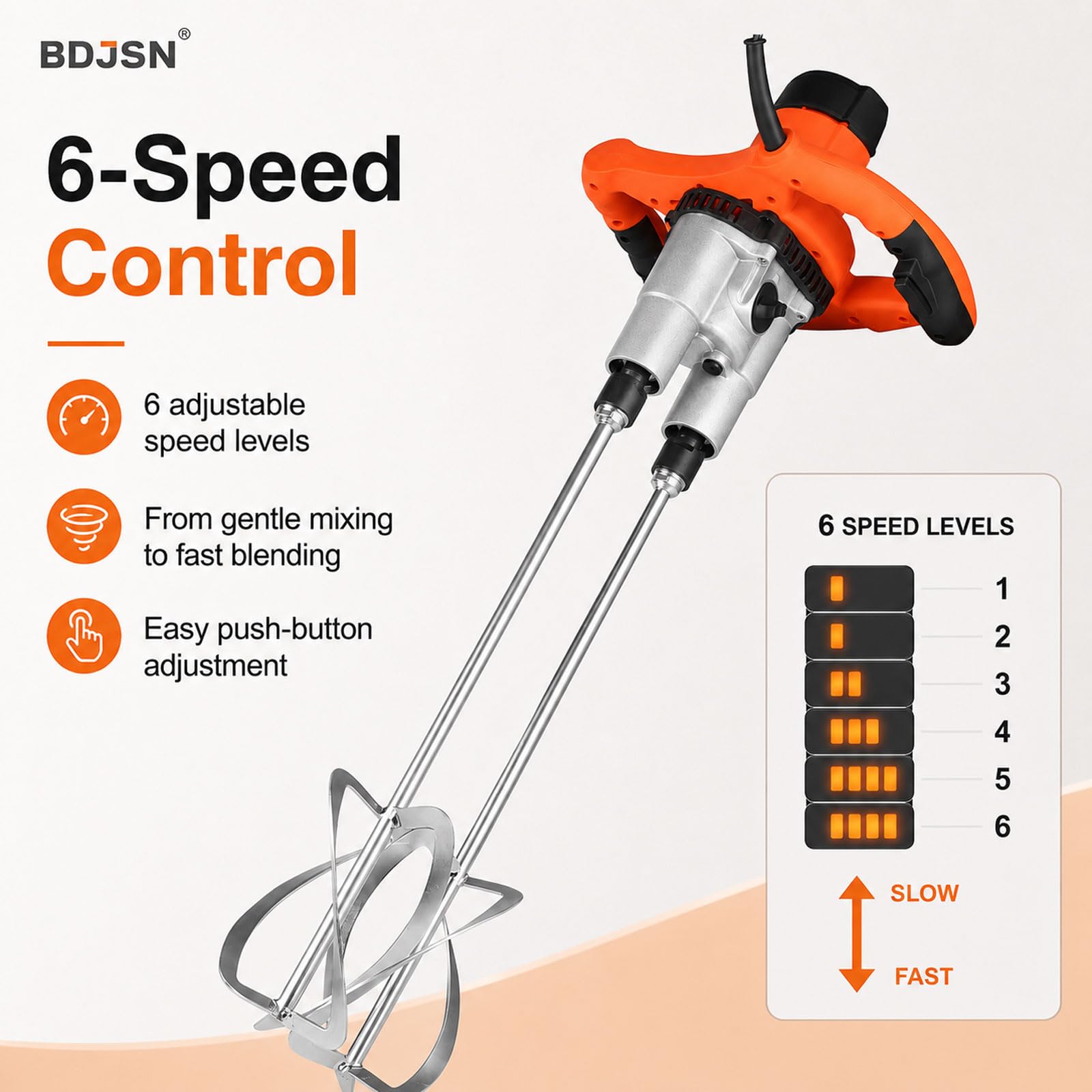 Mezcladora De Concreto Eléctrica, Mezcladora De Cemento Portátil De Doble Paleta con Control De 6 Velocidades, Mango Doble Ergonómico, Interruptor De Bloqueo, Varillas Mezcladoras Galvanizadas
