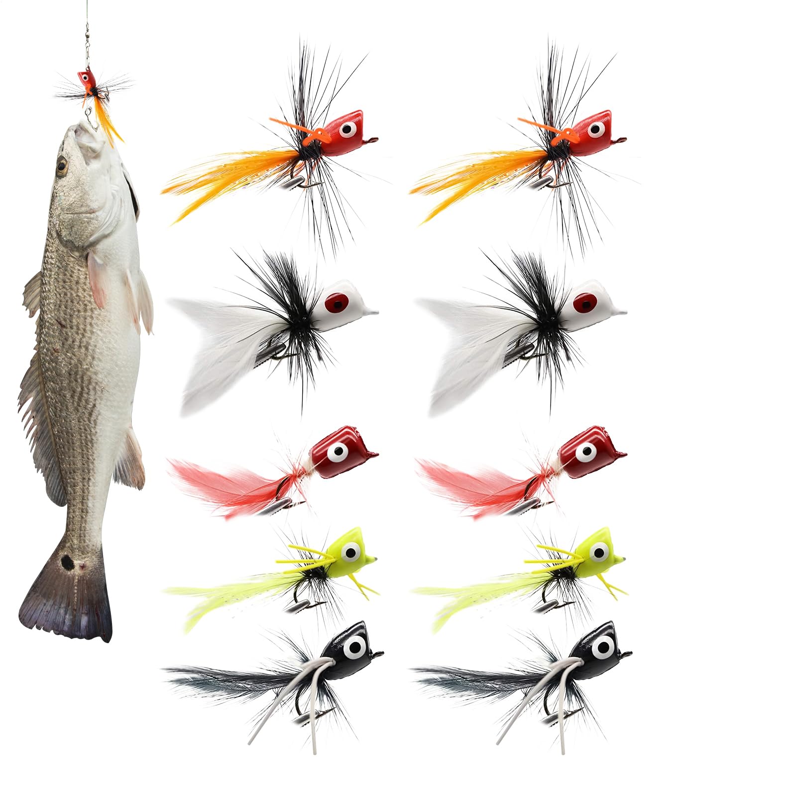 Popper pour Black Bass Pêche à la Mouche | 10 Mouches Poppers Sèches Leurres pour Black Bass,Petits Leurres Hameçons Sèches et Noyés pour Crapets Truites Saumons Achigans Perches Poissons Appâts Pêche