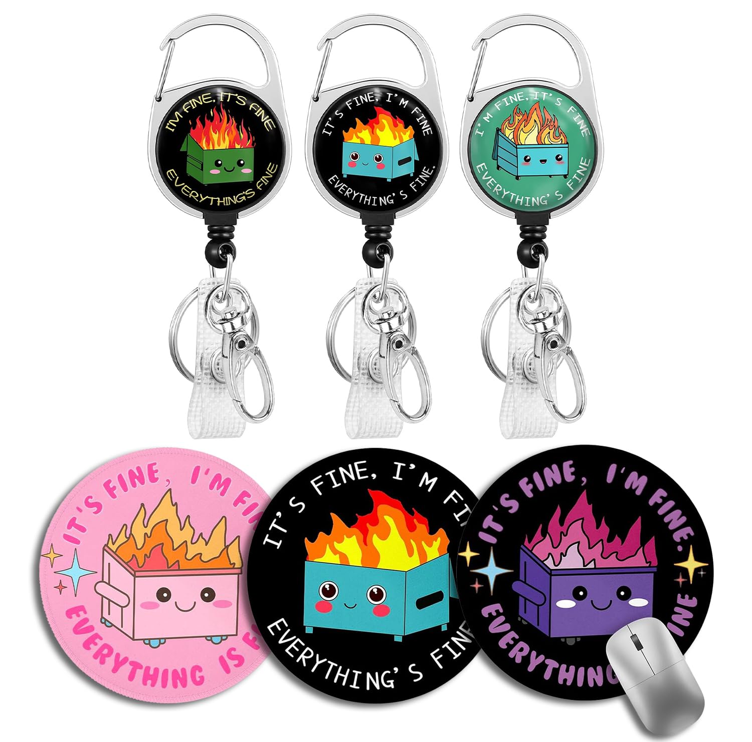 Gctriki 3 Pack Dumpster on Fire Mouse Pad and Badge Reels Retractable Heavy Duty Clip, Cute Round Mouse Pads for Desk, Cute Office Desk Accessories Decor for Women