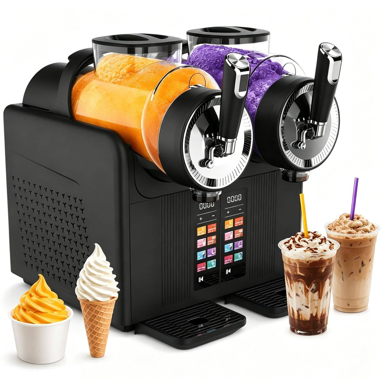 Macchina Per Granite Professionale 2x2L, Granitore Per Bevande Ghiacciate Con Doppia Testa, 7 Modalità Automatiche, Display Touch Screen, Senza Ghiaccio, Per Bar, Ristoranti, Eventi E Feste Black