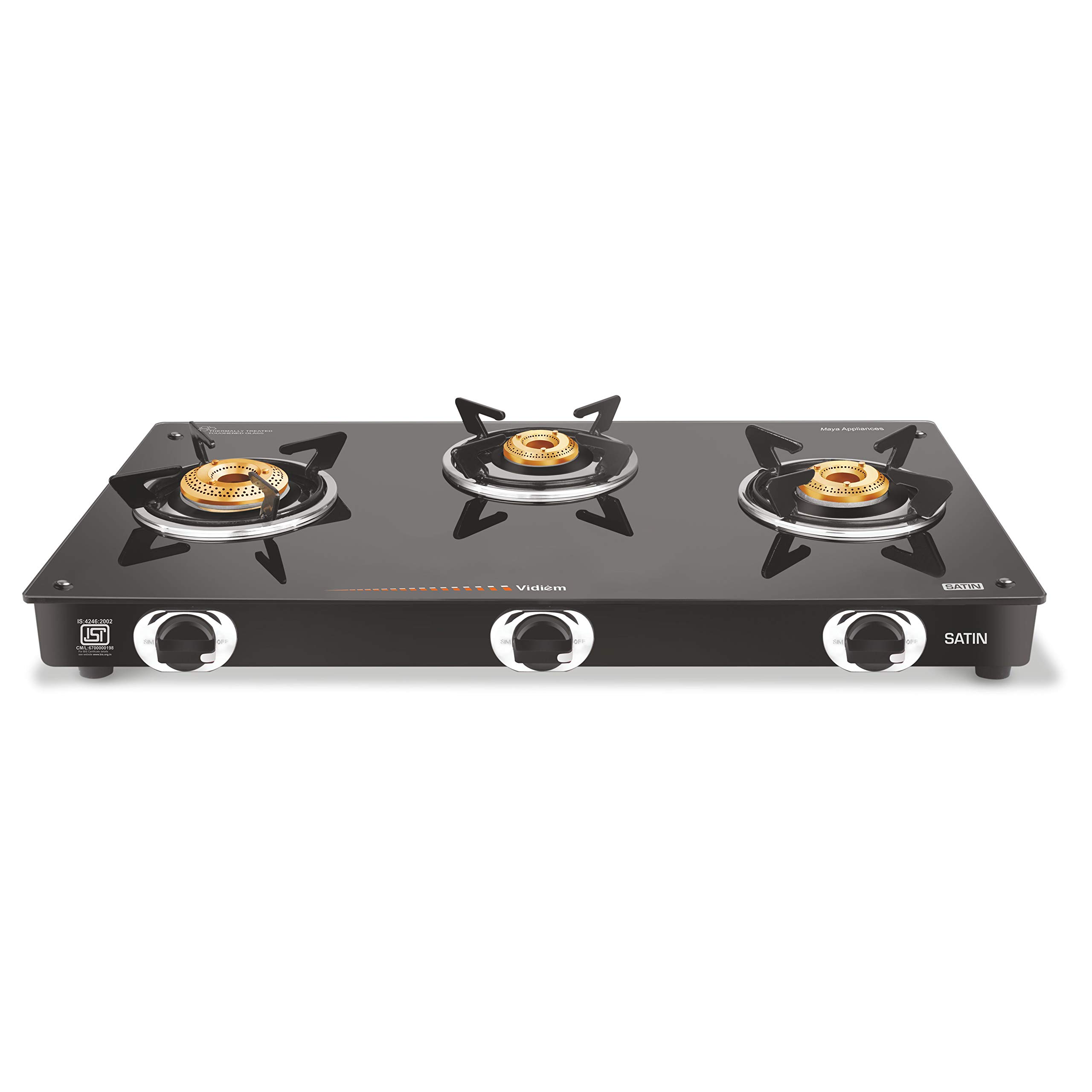 Vidiem Gas Stove GS G3 200A Satin (Silver & Black) | 3 Burner Glass Top Gas Stove | Manual Ignition | Safety, Reliability, High Efficiency | 5 years warranty-image-49