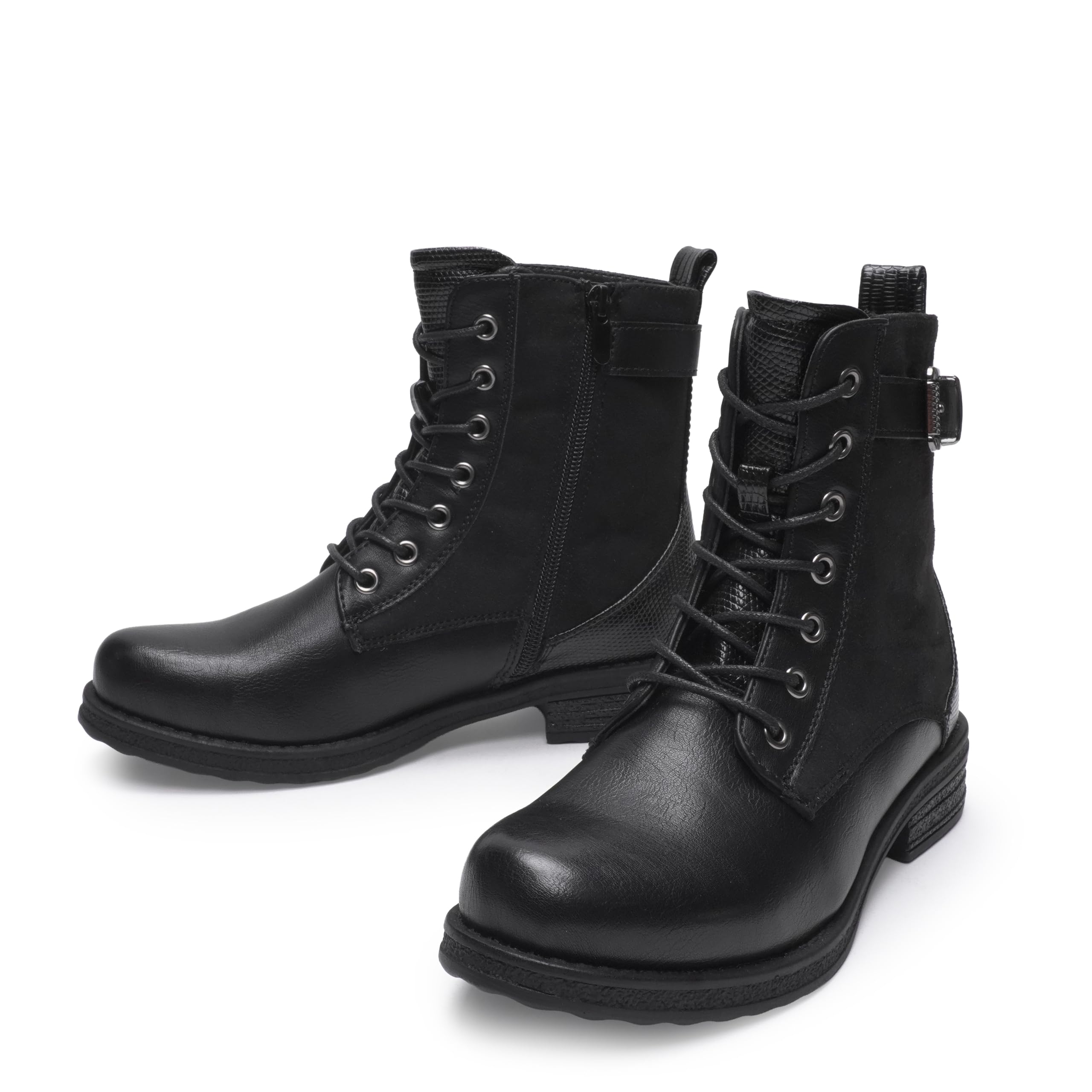 MISSCAI Stivaletti Donna Biker con Lacci, Cerniera e Cinturino | Stivali Combat in Pelle Sintetica, Tacco Largo 3,5 cm, Fibbia Regolabile, Look Fashion