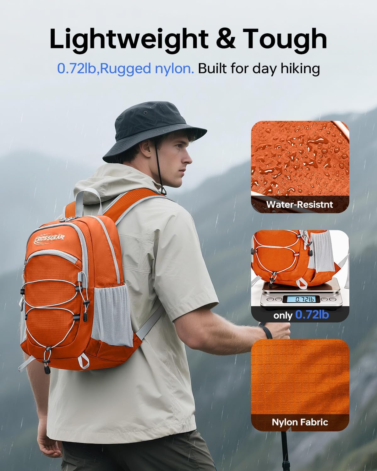 CROSSGEAR Packable Hiking Backpack, 24L Lightweight Foldable Daypack, RFID Secure Pocket, Nylon Fabric, Water Resistant Small Travel Hiking Daypack for Women Men, Orange