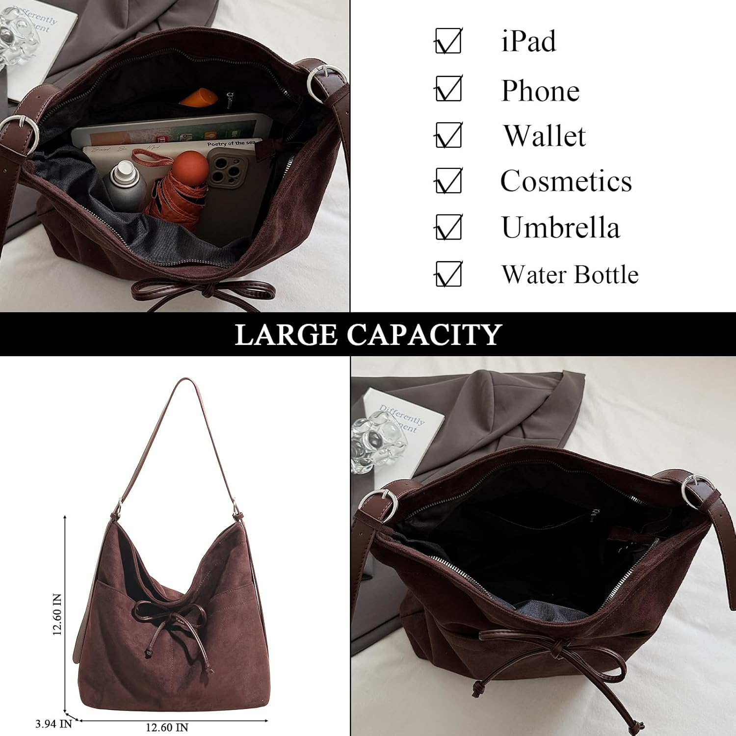 JQAliMOVV Suede Crossbody Bags for Women Trendy Vintage Bow Slouchy Bag Suede Slouchy Shoulder Bag Slouchy Hobo Purse - Image 4