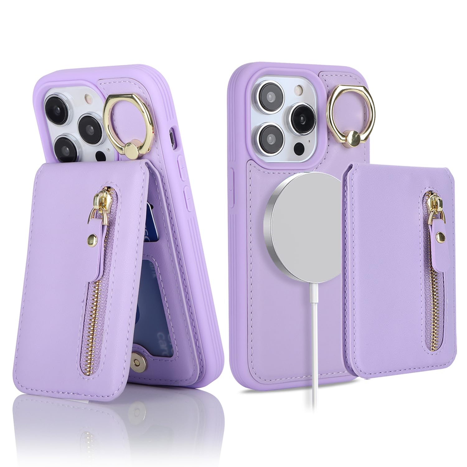 ?????? for iPhone 14 pro Case magsafe compatible iphone 14 pro phone case with Card Holder for women leather zipper phone wallet detachable 2-in-1 magnetic-Purple
