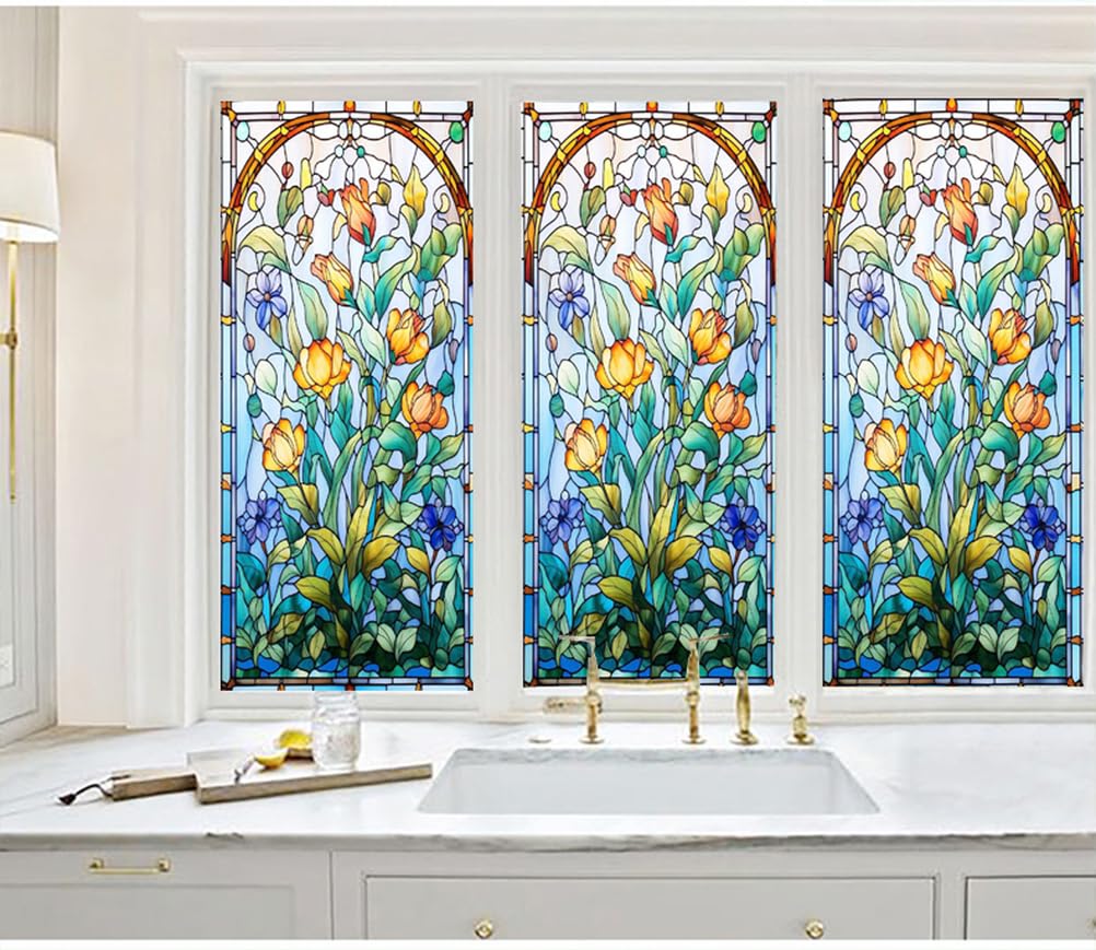 Buntglas Fensterfolie mit Blumenmuster, Statische Sichtschutzfolie ohne Kleber – Dekorative Farbige Glasfolie für Privatsphäre, (Blumendruck, Wiederverwendbar, Einfache Montage),A,60x100cm
