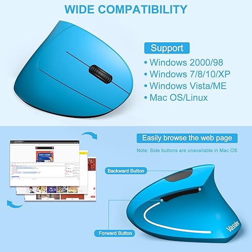 Miniatura 5 de Vassink Mouse ergonómico, mouse inalámbrico recargable, mouse óptico vertical recargable de 2.4 GHz con receptor USB, 6 botones, 80012001600 DPI,
