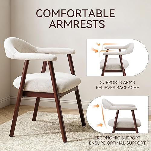 Miniatura 5 de Juego de 4 sillas de comedor de madera con reposabrazos, silla de comedor tapizada de tela moderna con respaldo curvado y patas de madera, cómodas