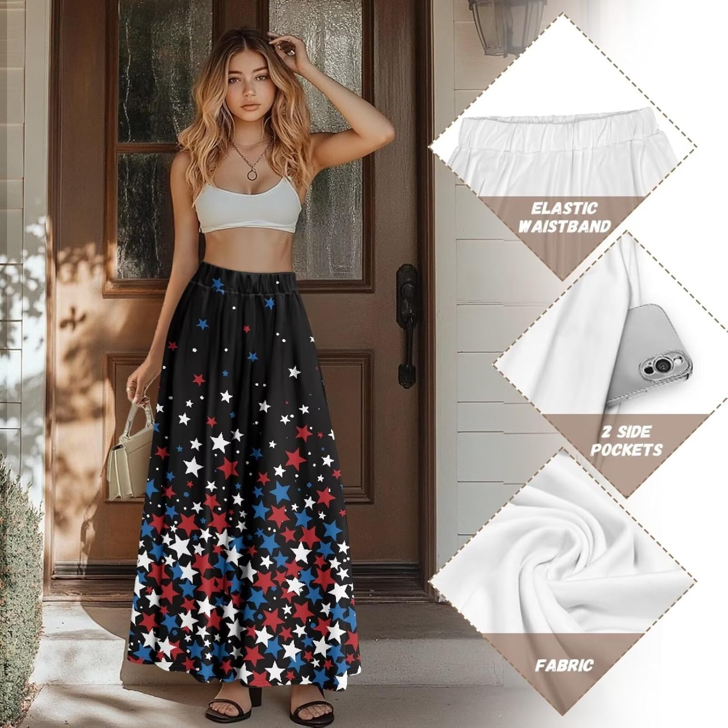Yewattles Womens Printed Double Pocket Skirt Casual Long Maxi Skirt with Double Pockets Swing Dress