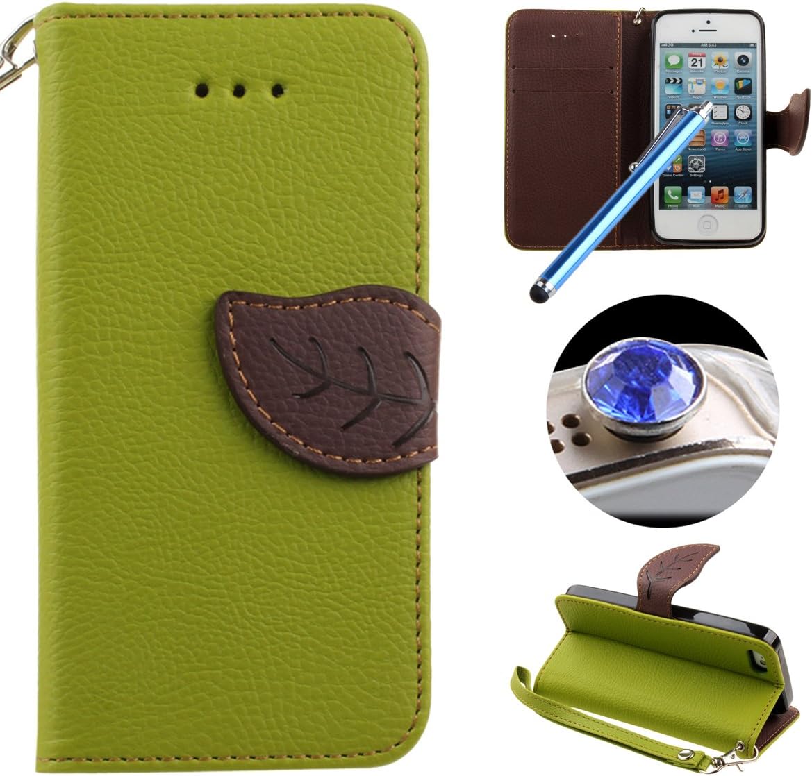 Etche Leather Case for iPhone 5/5S,Wallet Case for iPhone 5/5S,Creative Leaf Pattern Pu Leather Case Flip Case with Strap for iPhone 5/5S with Blue Stylus Pen and Bling Glitter Diamond Dust Plug Colors Random-Green