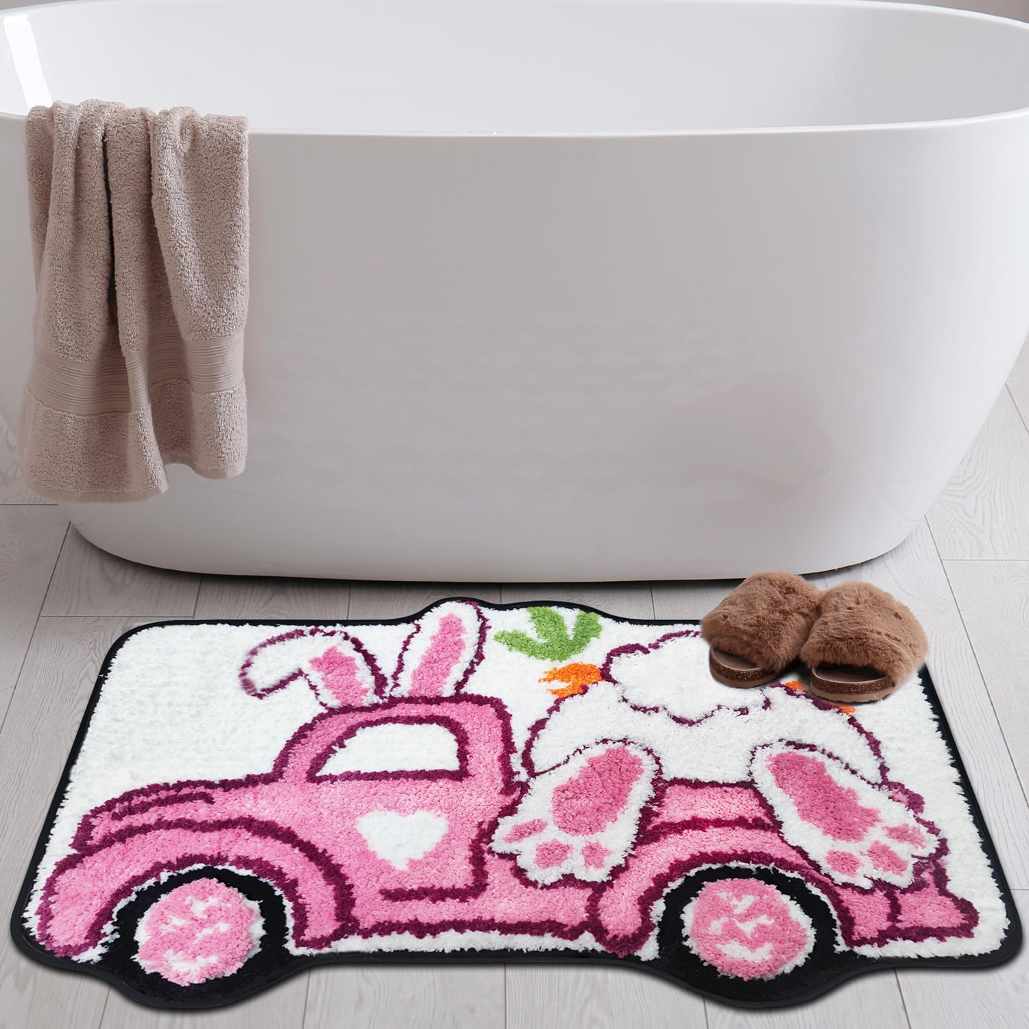 cusugbaso Easter Bath Mat, Bunny Pink Truck Bathroom Rugs - Farmhouse Easter Decorations for The Home - Rustic Cute Bathroom Rugs 16x24 Inches
