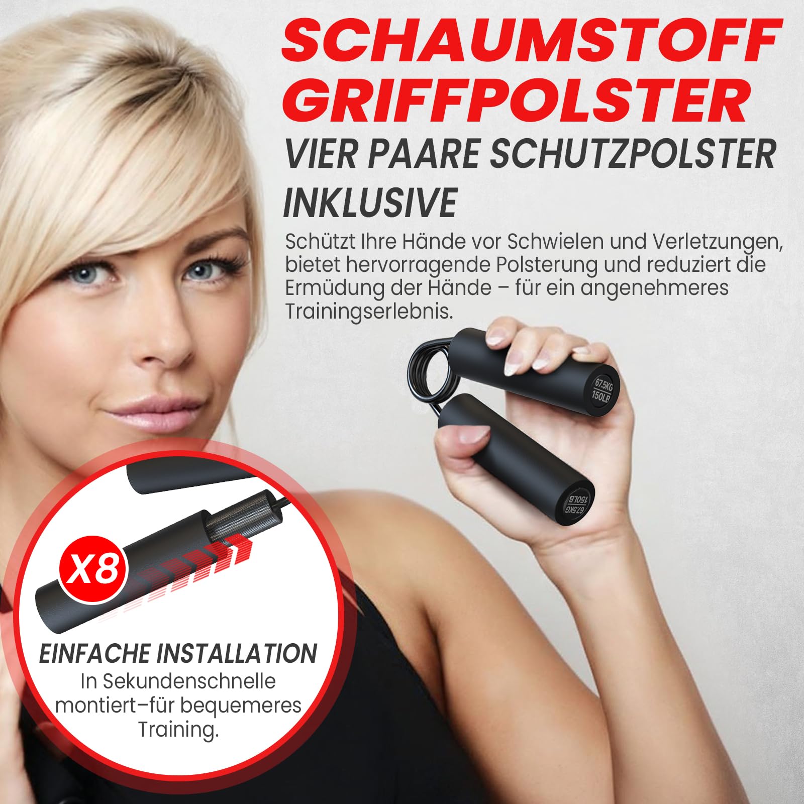 FUNFLEX Griffkraft Trainer 4er Set 22,5-90 kg Metall Handtrainer Fingertrainer Unterarmtrainer mit 8x Schaumstoff Griffhüllen Rutschfester Handgriff Stärker für Muskelaufbau Krafttraining Fitness