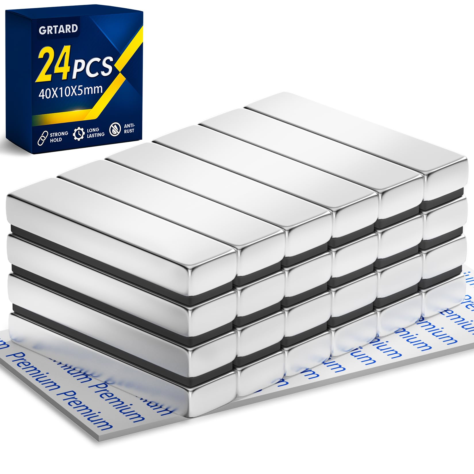 Grtard 24 Pack Neodymium Bar Magnets, Rare Earth Magnets Metal Neodymium Magnet with Double-Sided Adhesive for Fridge and Office Projects, 40x10x5mm(