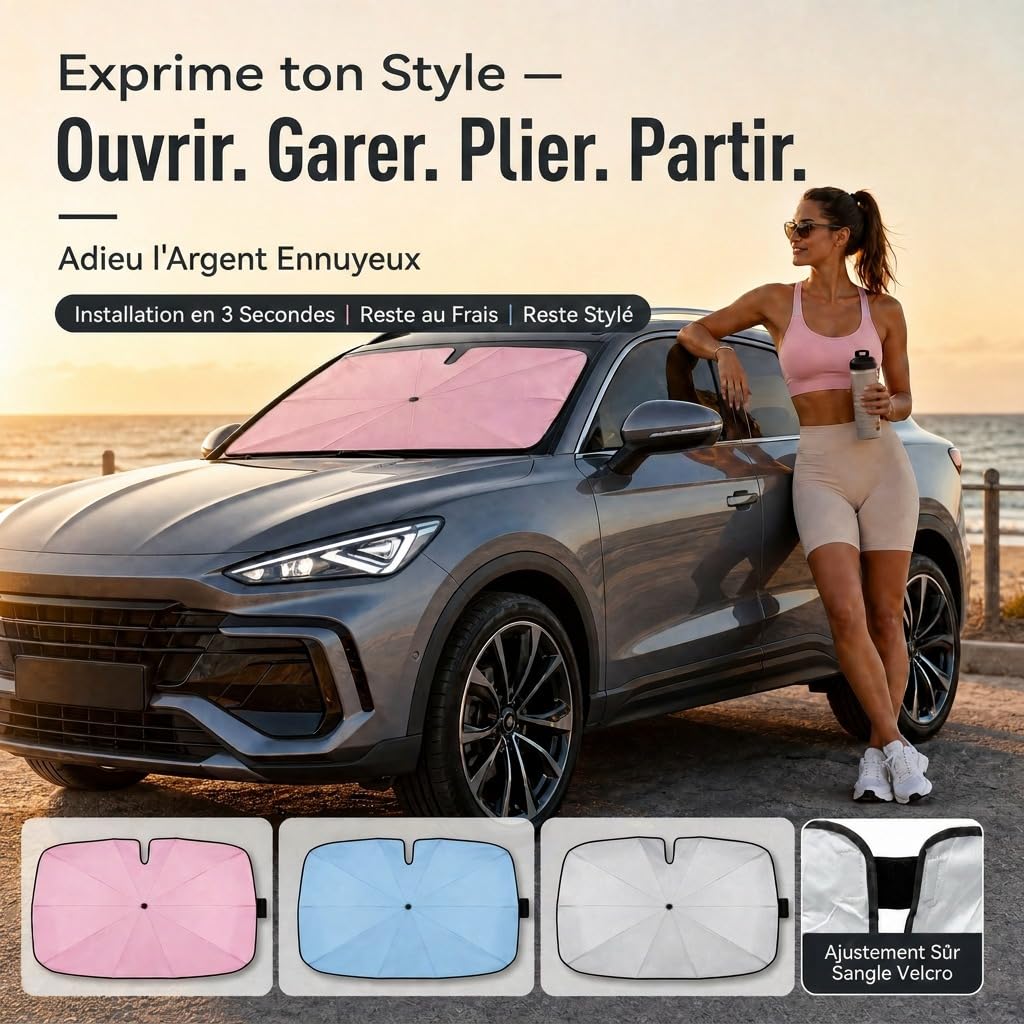 Parasol de Voiture 145 x 85cm avec Découpe en V | pour Voitures UE & SUV, Parapluie Pare-Brise avec Manche Flexible 360°, Anti-UV 3 Couches sans Odeur (Rose Cerisier, L~L)