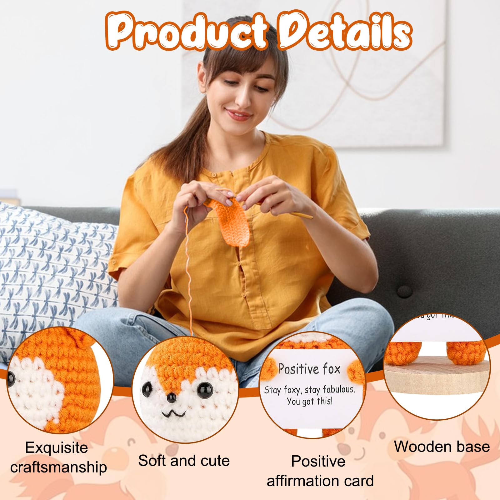 Volpe All'uncinetto Fatta A Mano: Portafortuna Con Messaggio Positivo E Base In Legno, Peluche Portatile Per Scrivania E Supporto Emotivo, Regalo Simpatico Per Amiche E Ragazze - 5