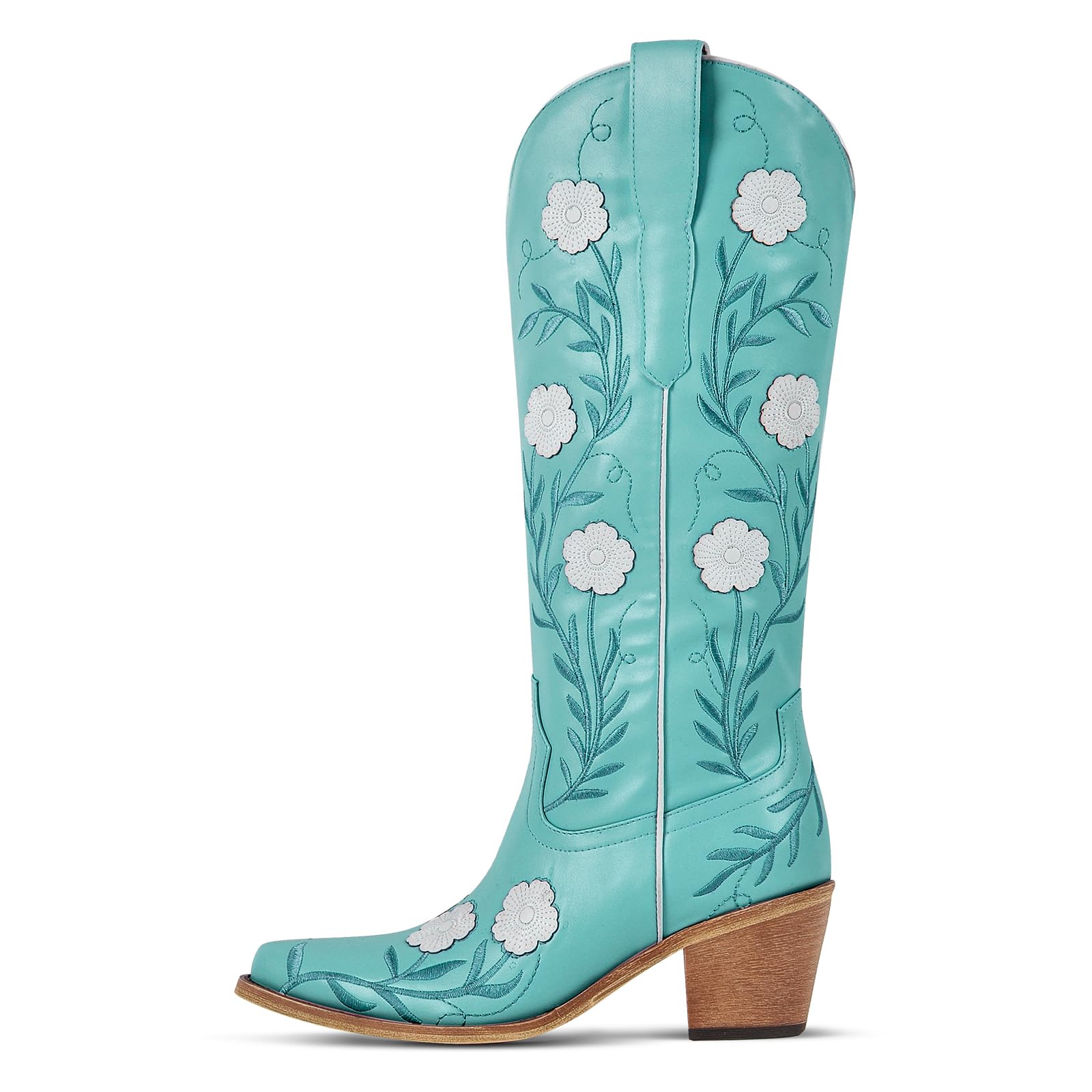 sexytag Womens Western Cowboy Wedding Boots Embroidered Floral Cowgirl Boots Wide Calf Pointed Toe Pull-On Mid-Calf Boot