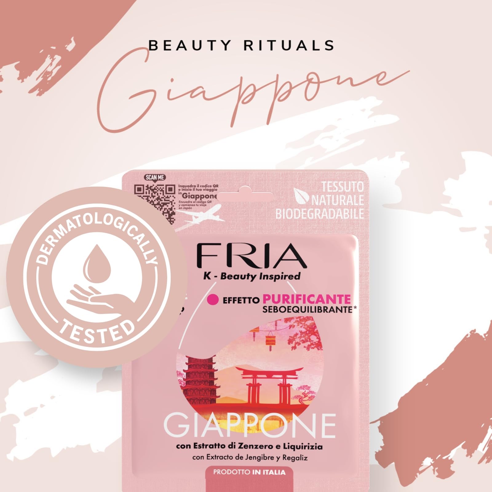 Fria K-Beauty Maschera Viso Giappone con estratto di Zenzero, Cannella e Pimpinella, Effetto Purificante e Sebo Equilibrante sulla Pelle, Dermatologicamente Testata, Confezione da 1 Maschera