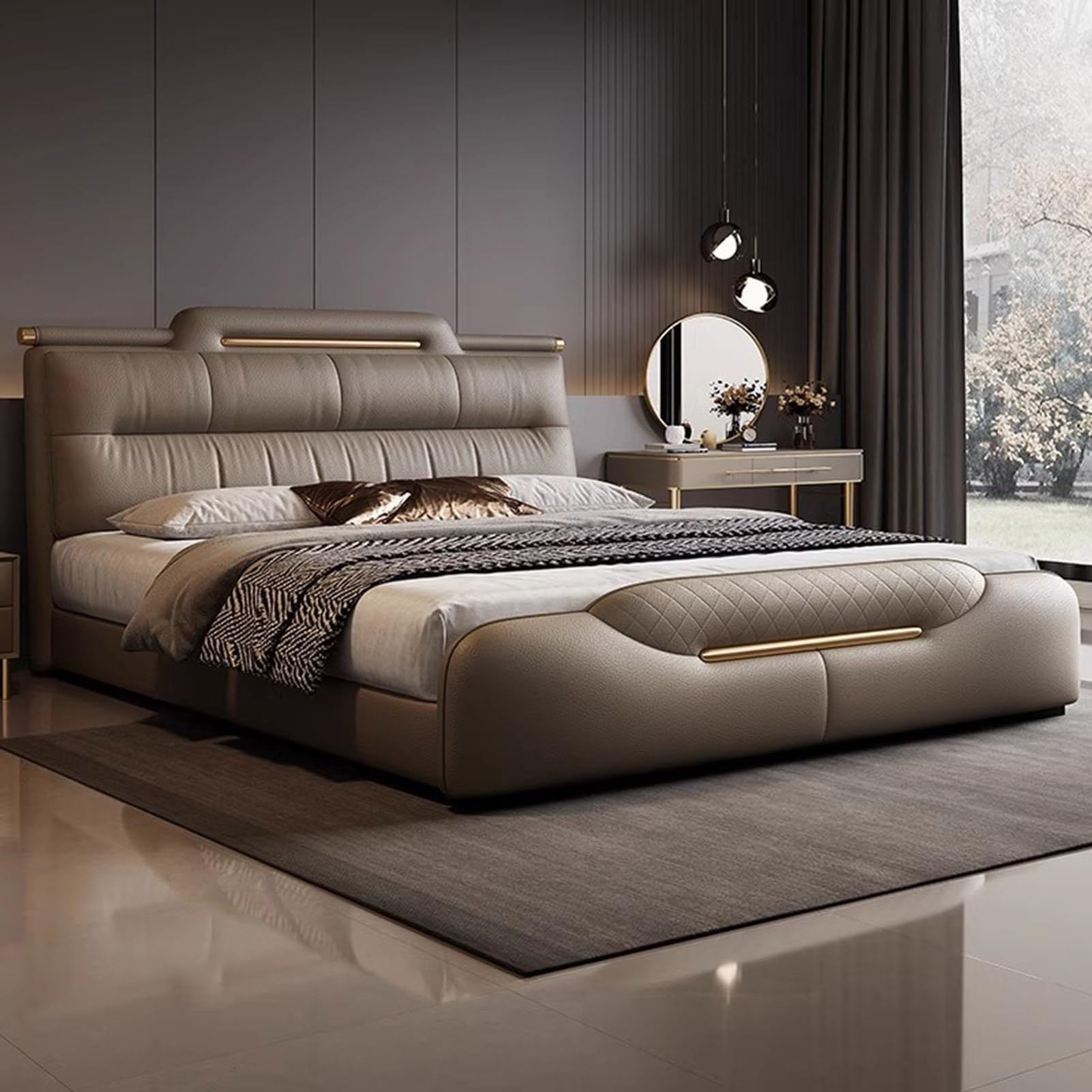 Modern King Size Genuine Leather Bed Upholstered Platform Bed Frame with Headboard and Storage Drawers No Box Spring