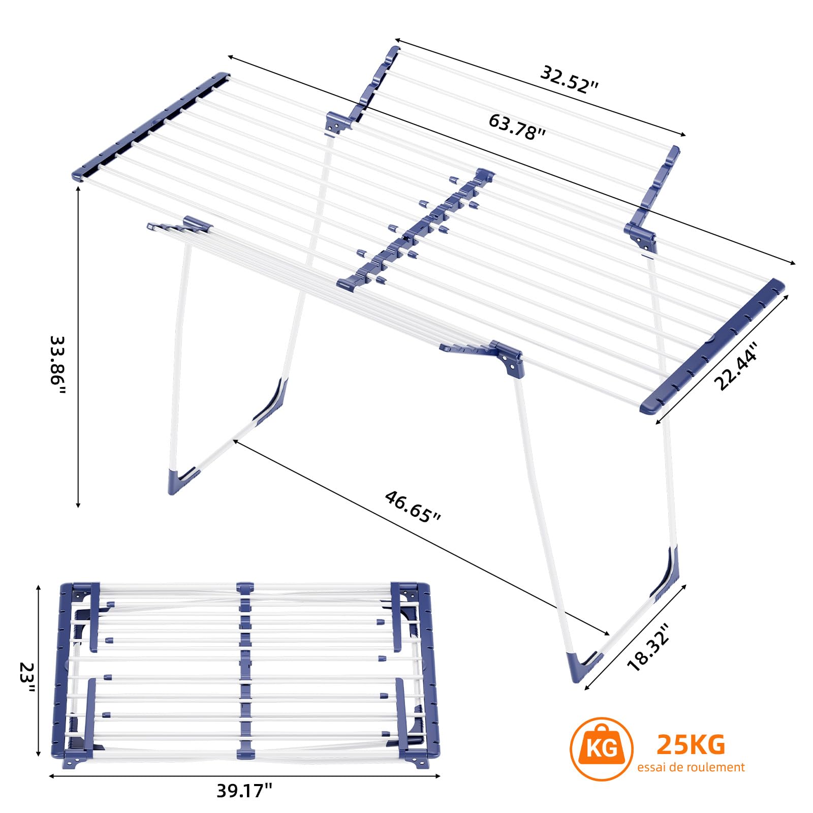 KINGBOARD Étendoir à linge pliable et extensible, étendoir à ailes 57 x 162 x 86 cm, séchoir à linge stable avec pieds antidérapants pour l'intérieur et l'extérieur, blanc