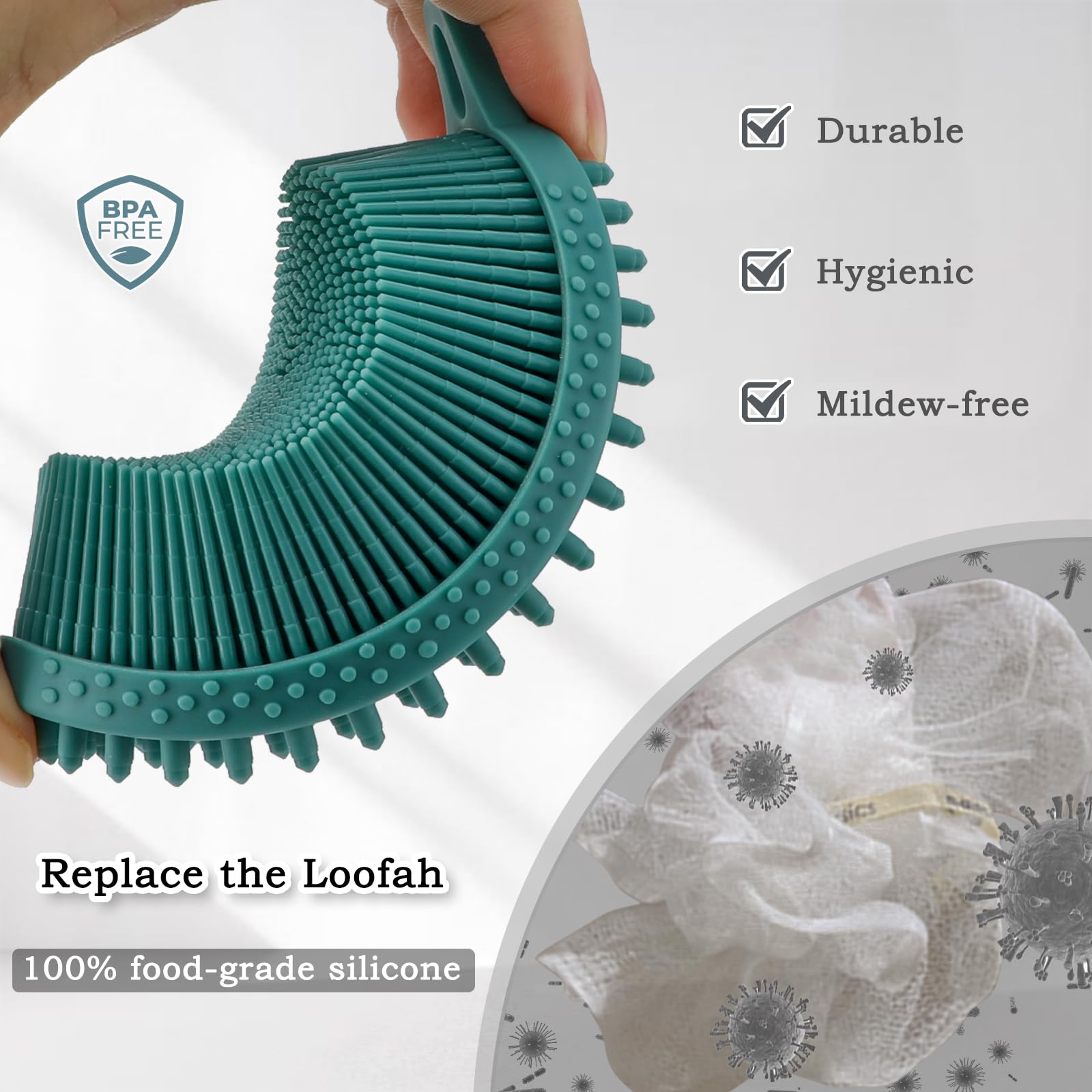 FREATECH Silicone Body Scrubber Gentle Exfoliating Bath Shower Body Cleansing Brush, More Hygienic Than Loofah, Easy to Clean and Durable, for Men Women Kids, Sensitive Skin, Green