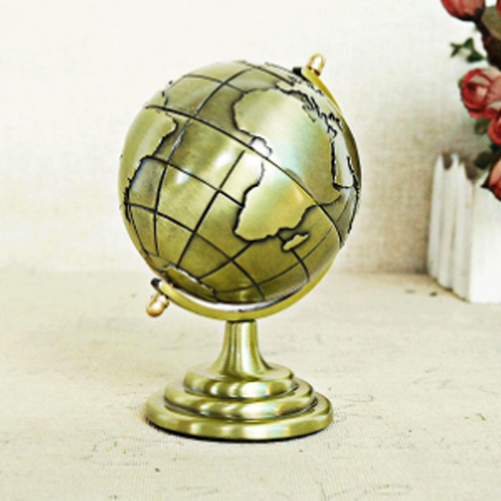 World Globe with Stand, Alloy Metallic Luster Texture 360° Rotating Educational Globe Desktop Decoration for School Home and Office Study