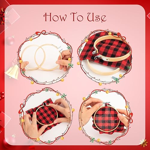 Miniatura 4 de Fasdu 18 aros de bordado de 3 pulgadas y 18 piezas cuadradas de tela a cuadros para decoraciones de Navidad, kit de adornos navideños de 36 piezas