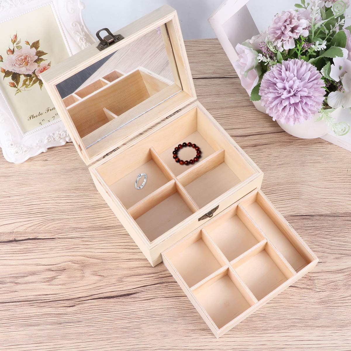 ARTIBETTER Wooden Jewelry Box Organizer with Double Mirrors Handmade Unfinished Wooden Jewelry Box for Diy Crafts Lightweight Dresser Storage 5.90 X 4.72 X 2.95 in 1 pack image 3
