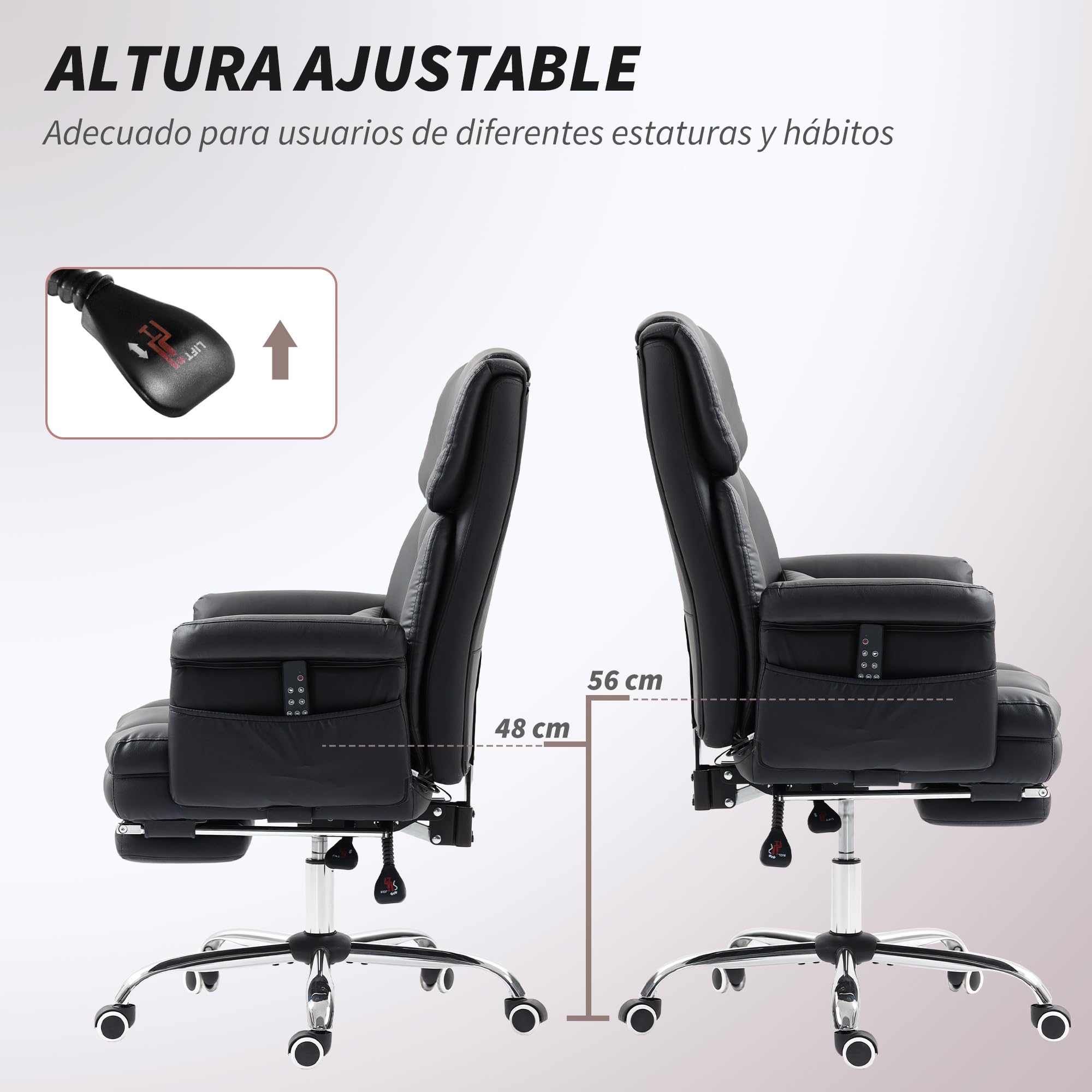 HOMCOM Silla de Oficina de PU 6 Puntos de Masaje Vibratorio Negro | Silla de Escritorio Giratoria Ergonómica, Reposapiés Retráctil, Altura Ajustable, Control Remoto, Soporte Lumbar