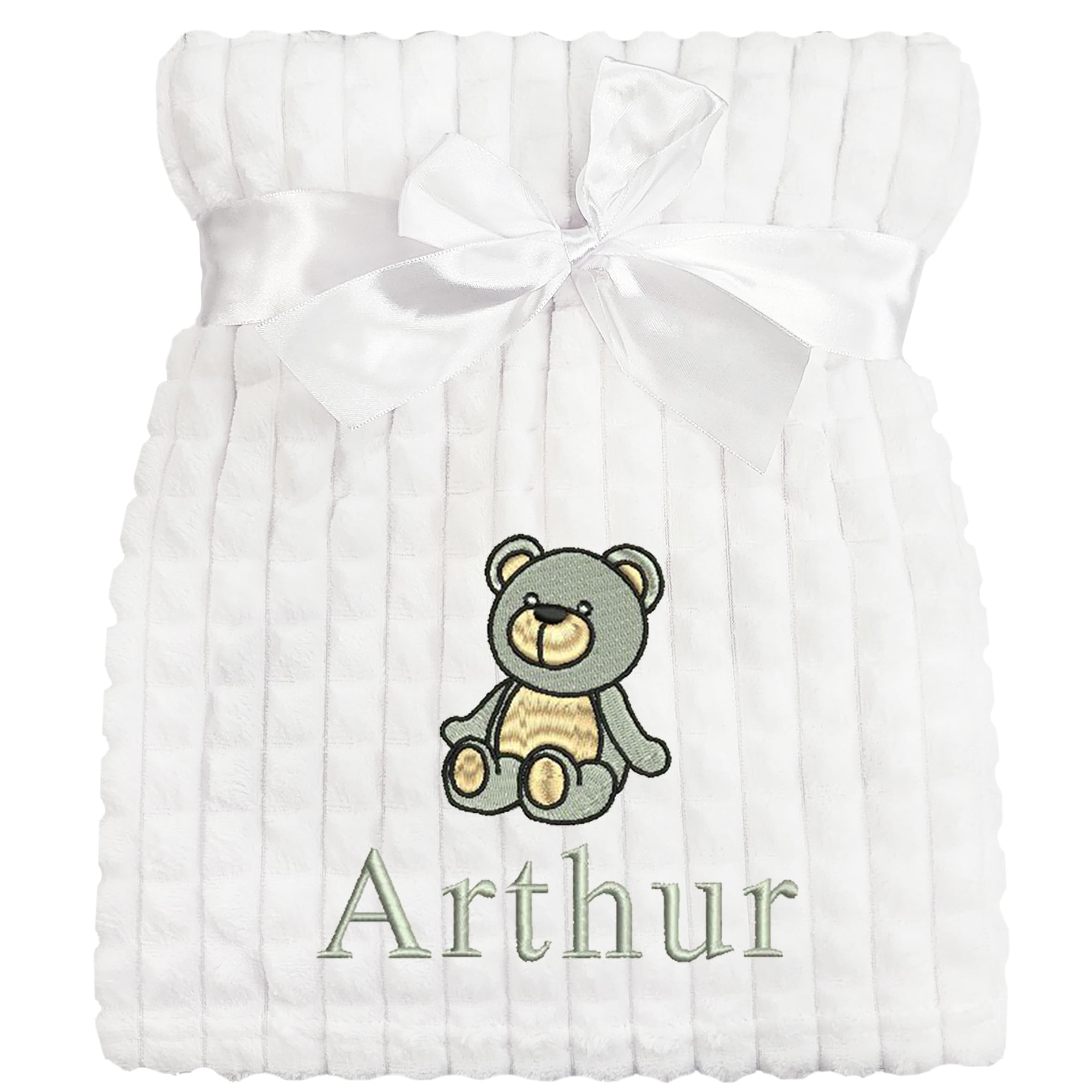 Personalised Baby Blanket Embroidered Bear & Name Soft Fleece Wrap (Grey Bear White Squares)