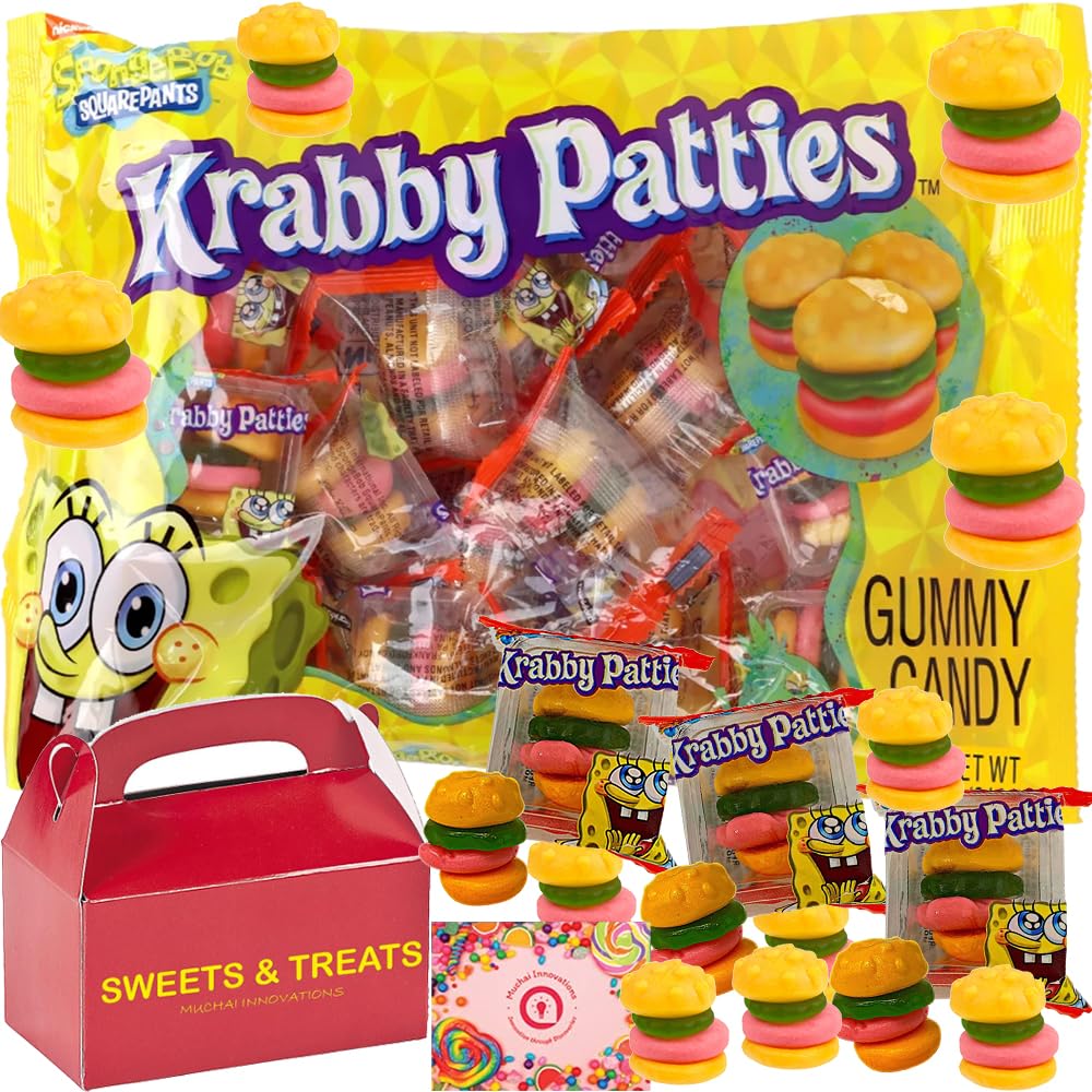 Krabby Patty Gummy Candy | Sponge Bob Individually Wrapped Burger Shaped Pattie | Basket Stuffer Birthday Party Favor Gift Valentine Candy Easter - Plus Muchai Box (Large Bag)