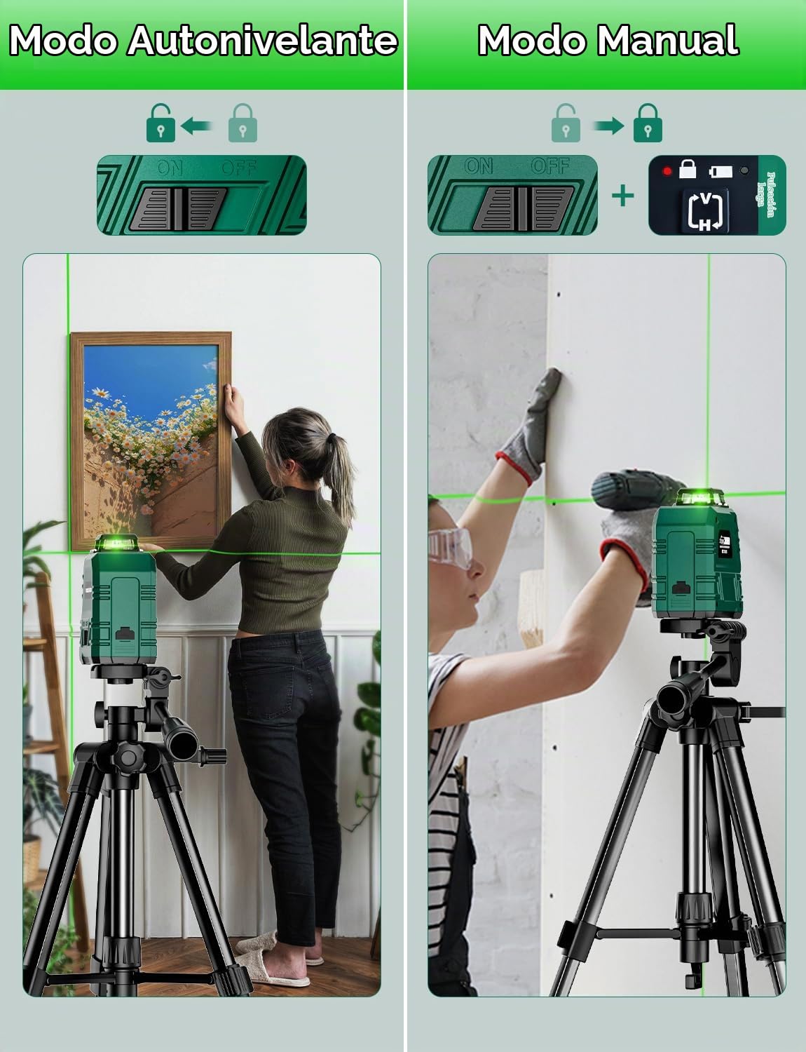 Nivel Láser con Trípode Ajustable de 1,2 m, RockSeed 1x360° Horizontal y 1x 150° Vertical, Línea Láser Verde Autonivelante,Nivelador Láser Recargable, para Colgar Cuadros/Construcción de Paredes