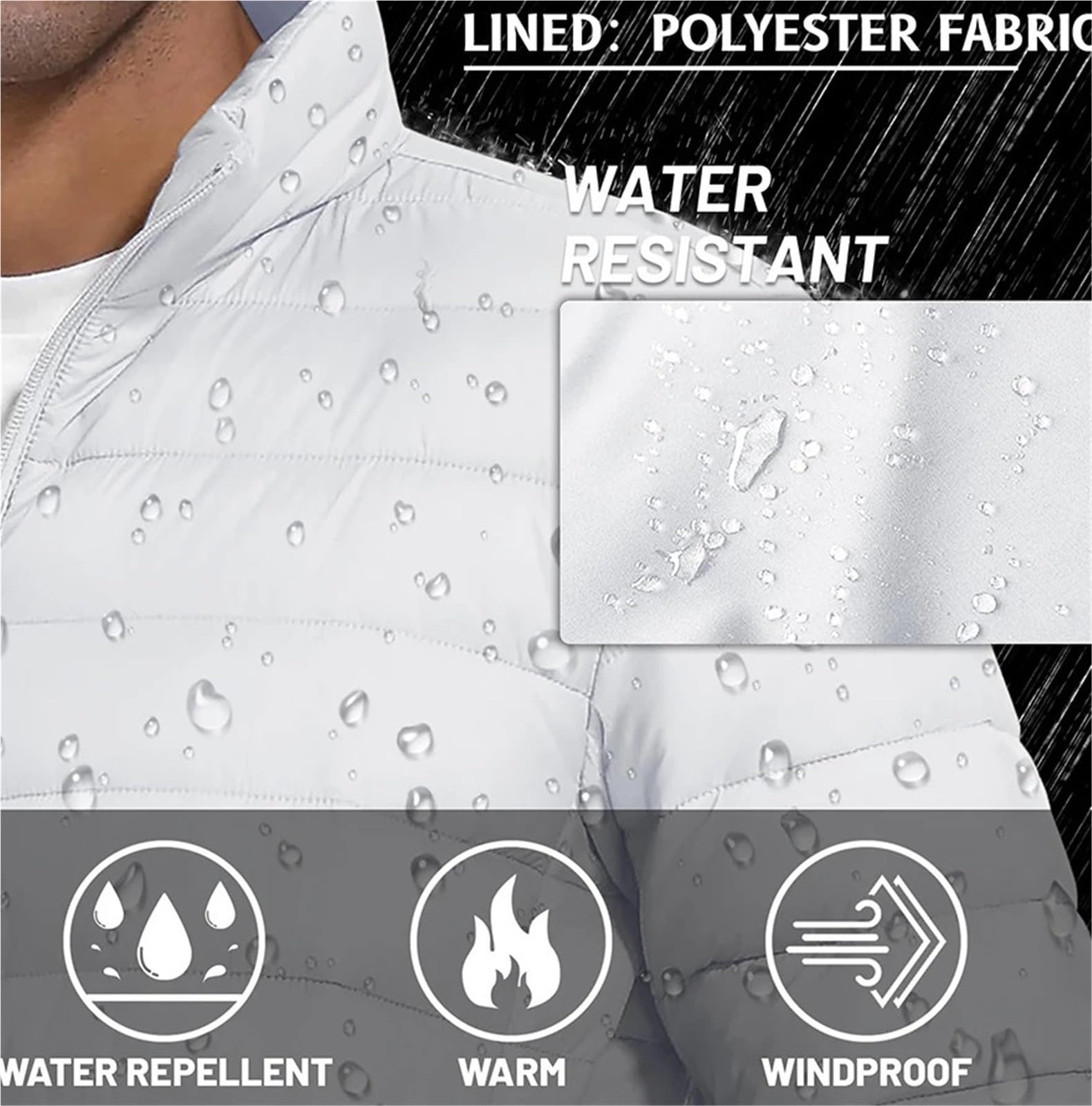 Giacca imbottita leggera da uomo con collo alto, cerniera completa, calda, impermeabile, lavoro, esterno, antivento per Uomo
