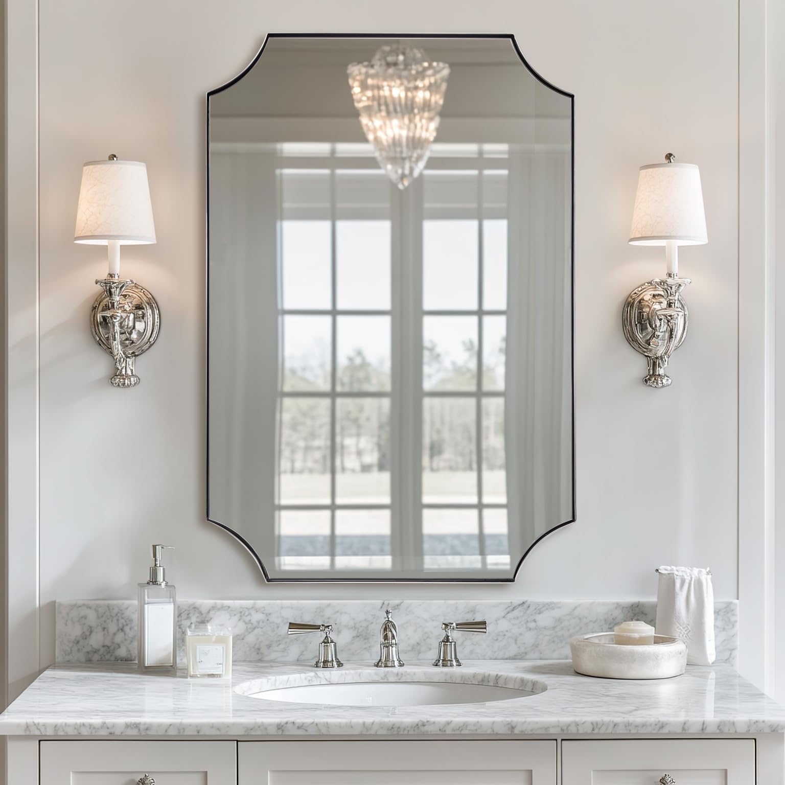 ANDY STAR 24x36 Inch Chrome Mirror, Scalloped Bathroom Mirror, Polished Chrome Framed Mirror in Anti-Rust Stainless Steel Metal Thin Frame Deep 1’’, Unique Scalloped Edge Design