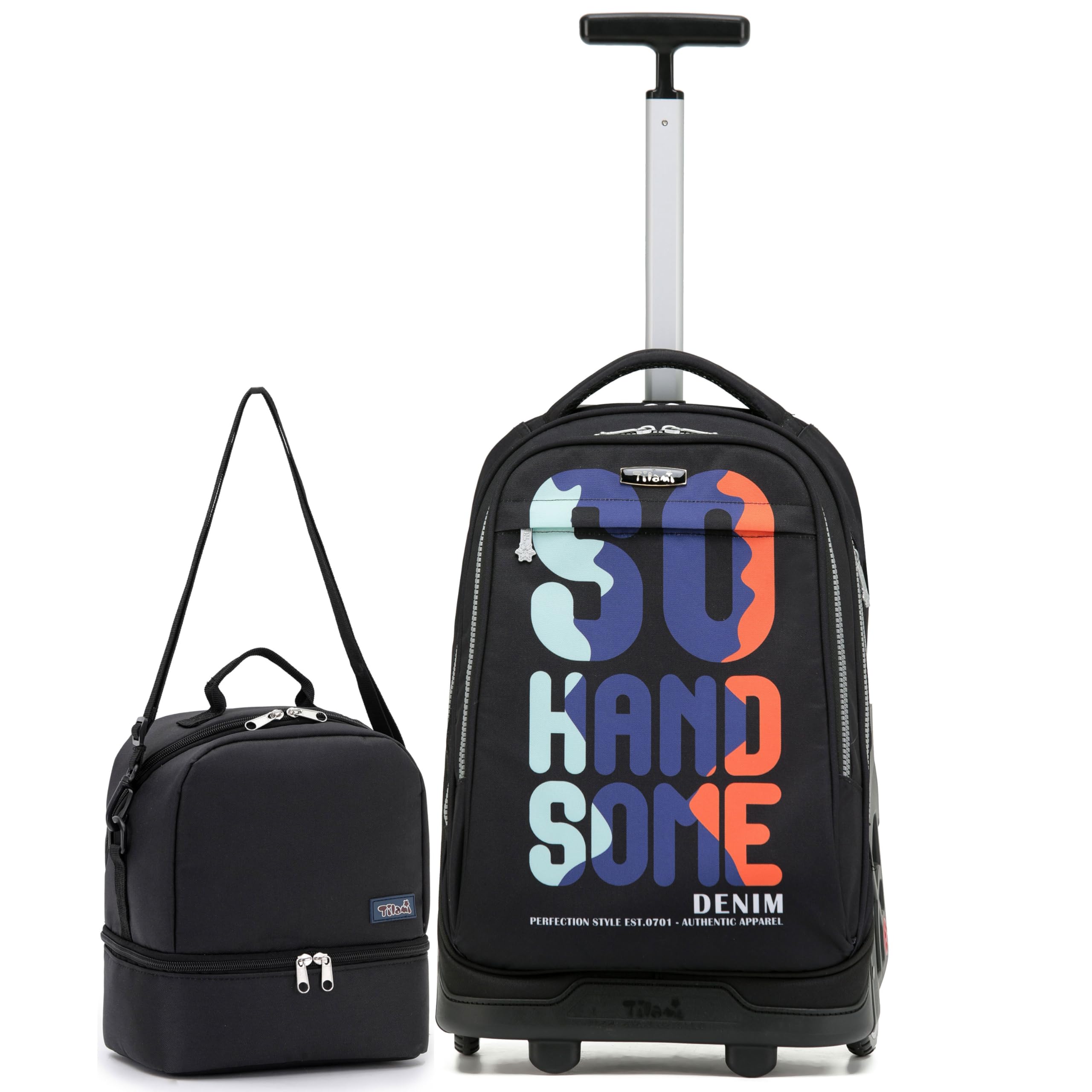 NEW TILAMI 19 Inch Rolling Backpack with Lunch Bag for Girls Boys Wheeled Laptop Backpack Durable Carry-on Bag School Travel, So Handsome