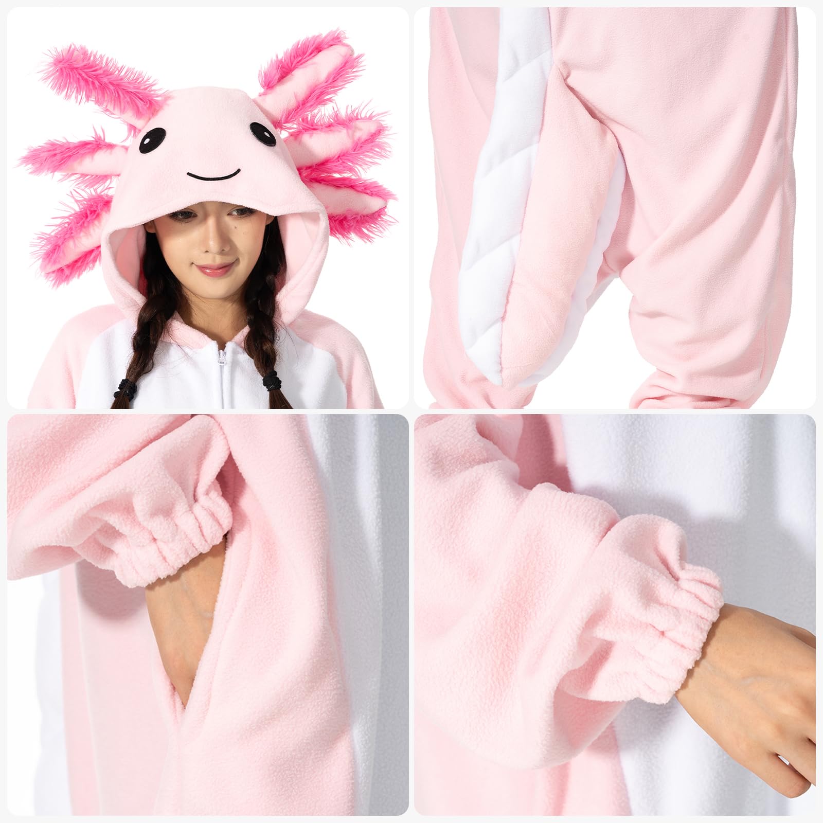LANFAN Erwachsene Onesie Axolotl Kostüm Pyjama Herren Damen Unisex Cosplay Tier Plüsch Nachtwäsche Halloween Jumpsuit für Schlafanzug